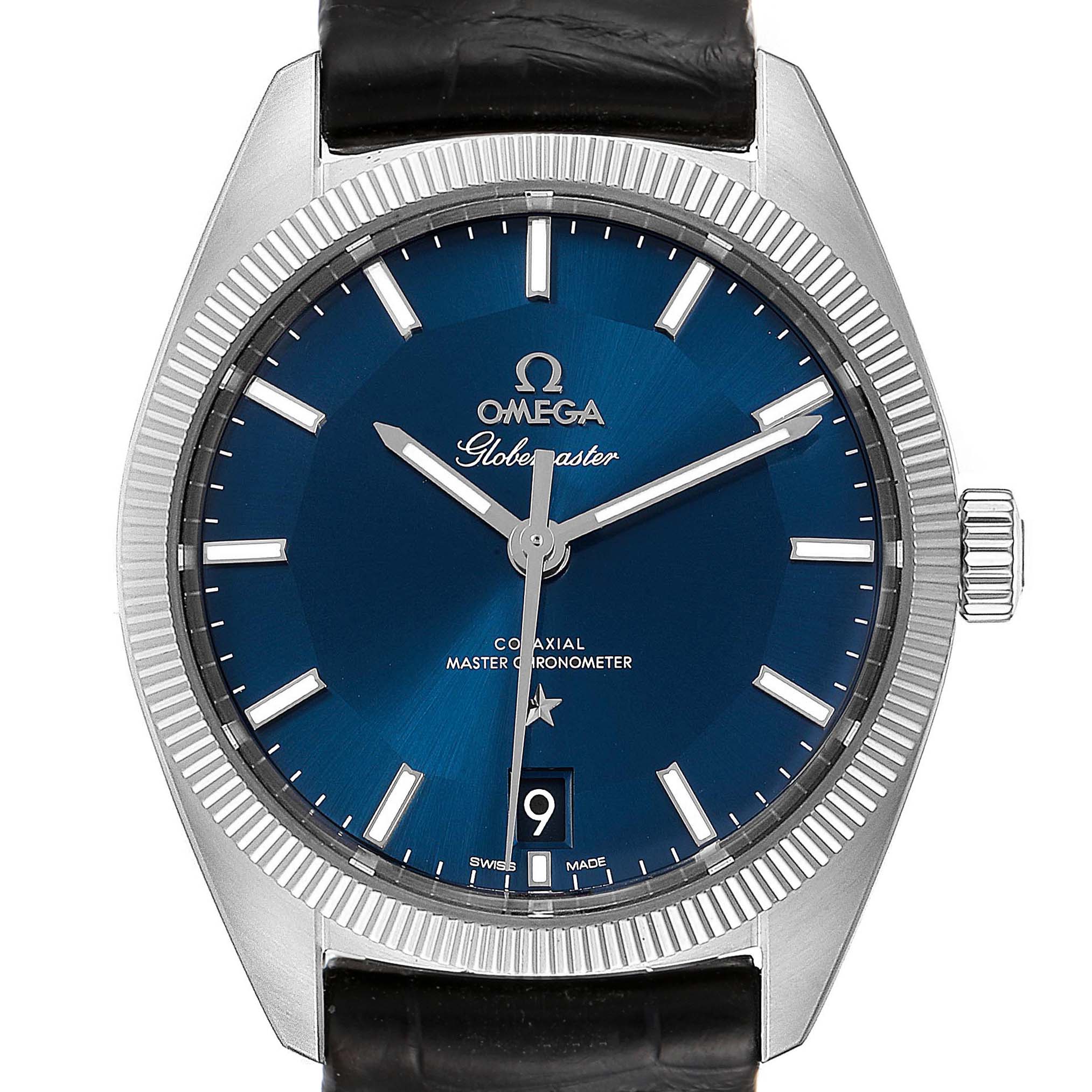 The Omega Constellation 130.33.39.21.03.001 Men's Stainless Steel Blue Dial 130.33.39.21.03.001 Men's Stainless Steel Blue Dial Globemaster is shown from a top-down angle, highlighting the blue dial, fluted bezel, and black leather strap.