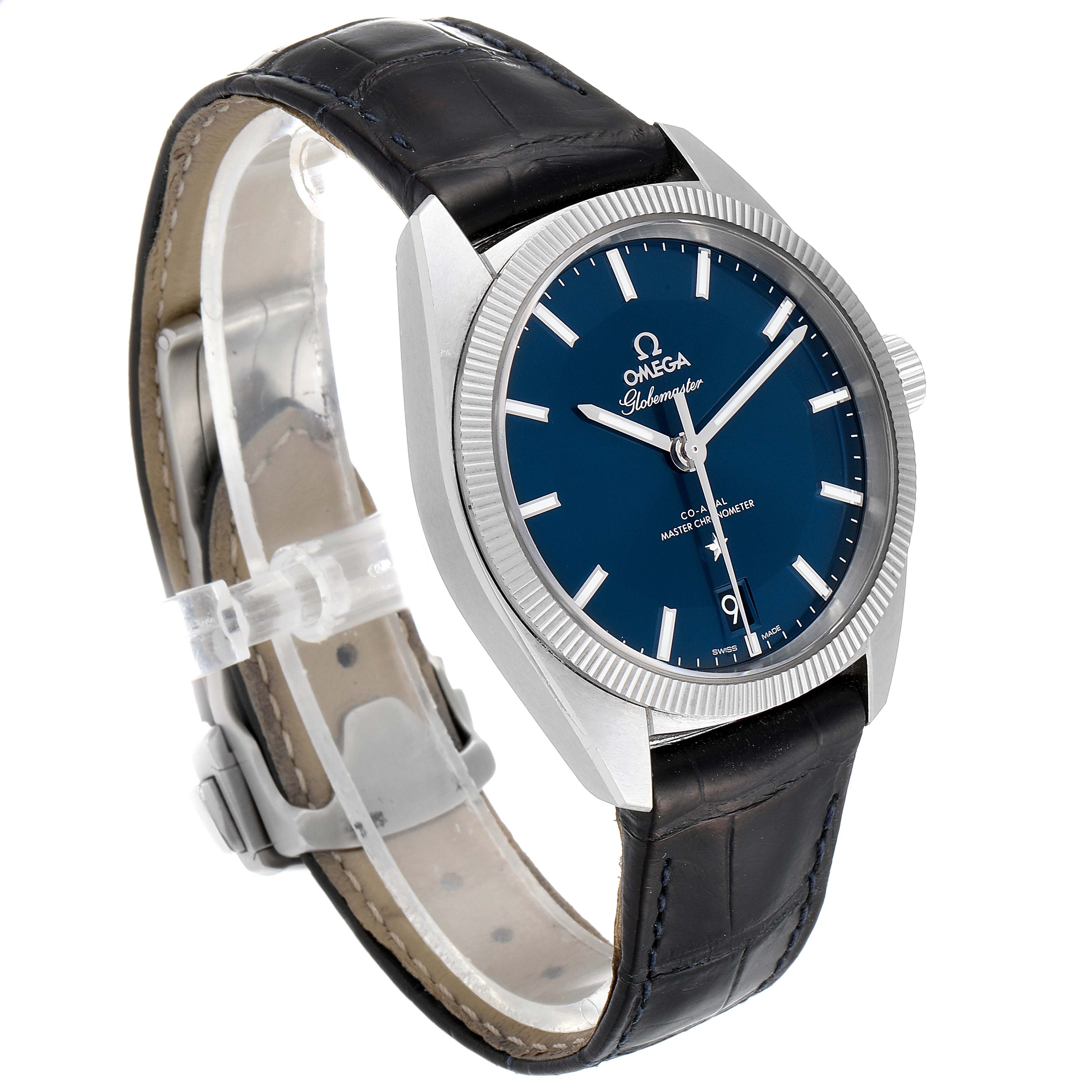 This image displays the Omega Constellation 130.33.39.21.03.001 Men's Stainless Steel Blue Dial 130.33.39.21.03.001 Men's Stainless Steel Blue Dial watch at an angled, slightly elevated view, highlighting the dial, bezel, and strap.