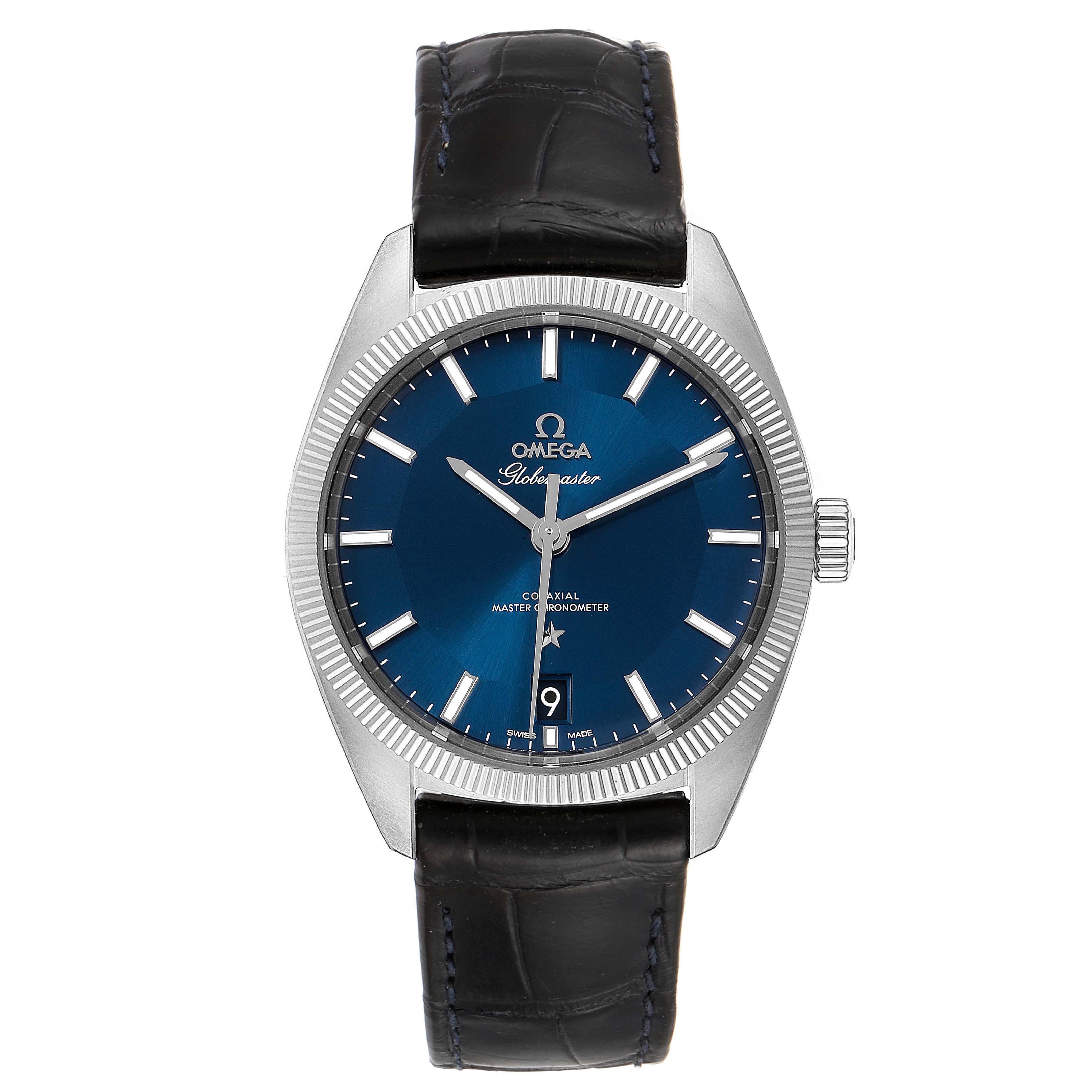The Omega Constellation 130.33.39.21.03.001 Men's Stainless Steel Blue Dial 130.33.39.21.03.001 Men's Stainless Steel Blue Dial watch is shown from a front view, displaying the dial, bezel, hands, date window, and strap.