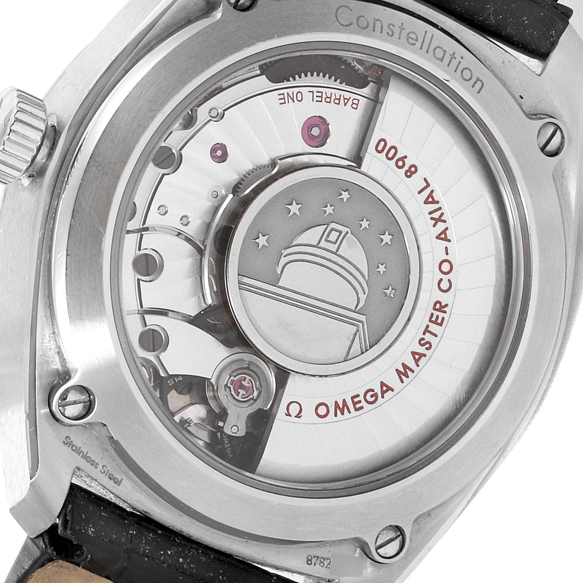 This image shows the back of an Omega Constellation 130.33.39.21.03.001 Men's Stainless Steel Blue Dial 130.33.39.21.03.001 Men's Stainless Steel Blue Dial watch, featuring its detailed movement and "Omega Master Co-Axial" engraving.