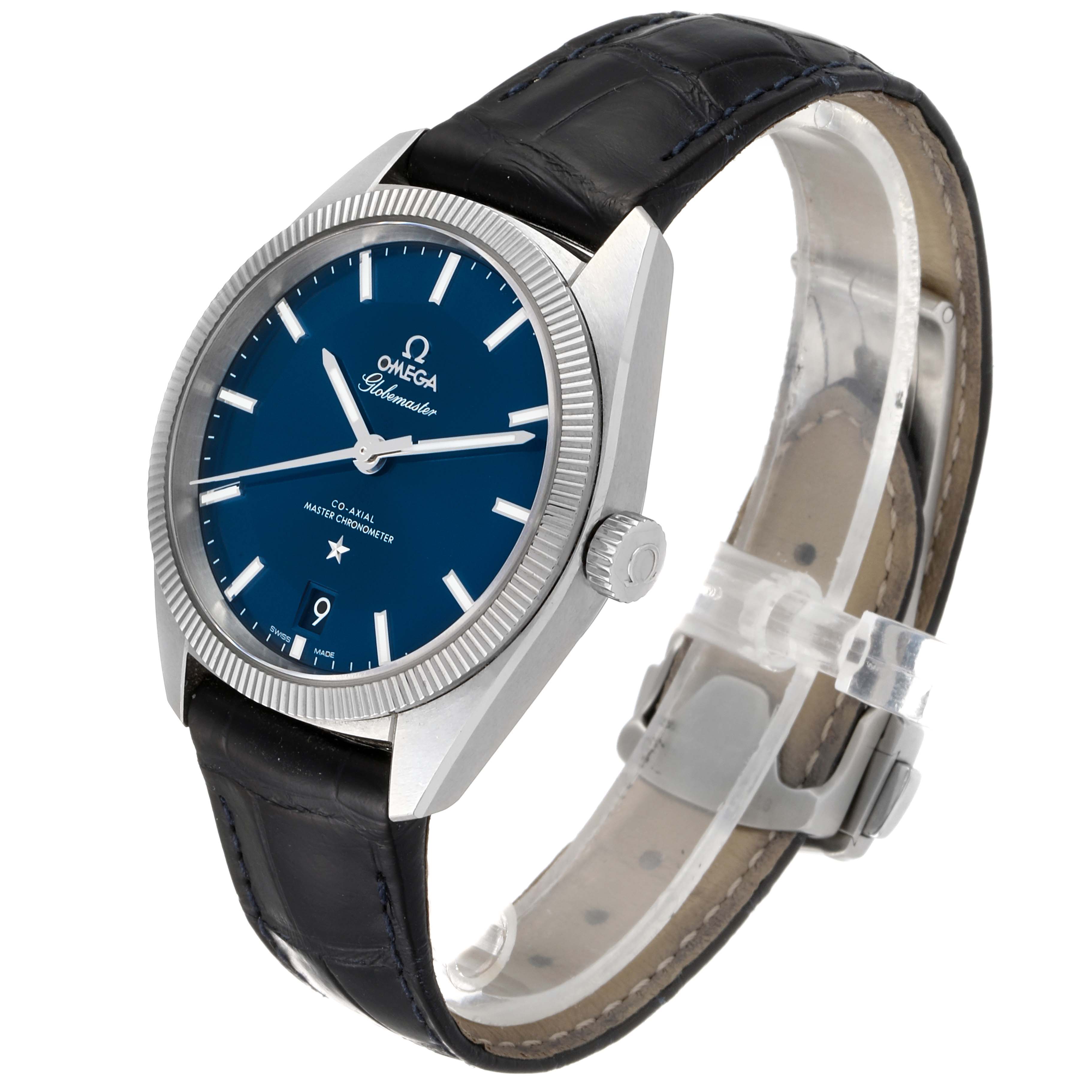 This image shows a side-angle view of the Omega Constellation 130.33.39.21.03.001 Men's Stainless Steel Blue Dial 130.33.39.21.03.001 Men's Stainless Steel Blue Dial watch, highlighting its blue dial, bezel, crown, and leather strap.