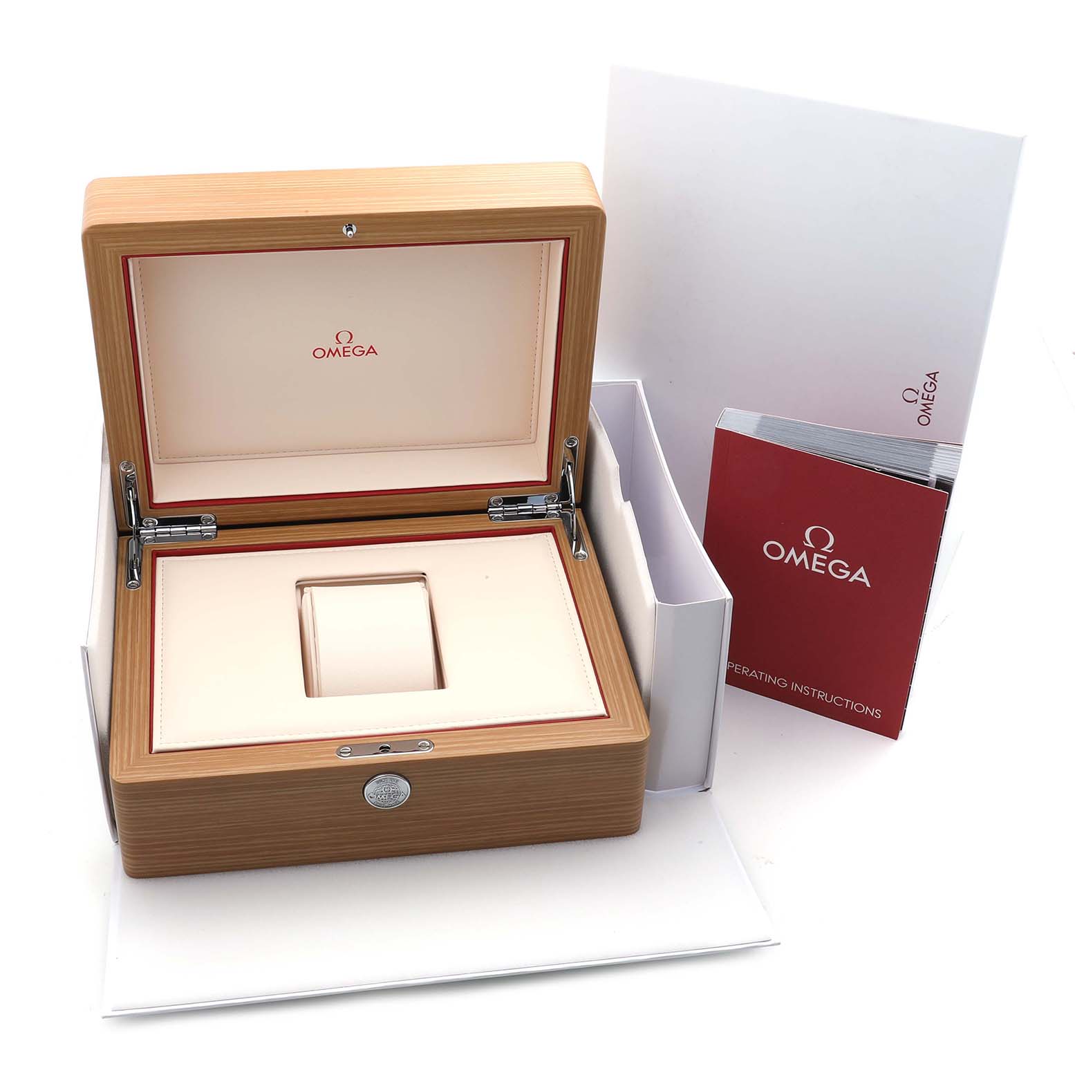 The image shows an open Omega Seamaster 233.60.41.21.03.001 Men's Titanium Blue Dial watch box with instruction booklets beside it.