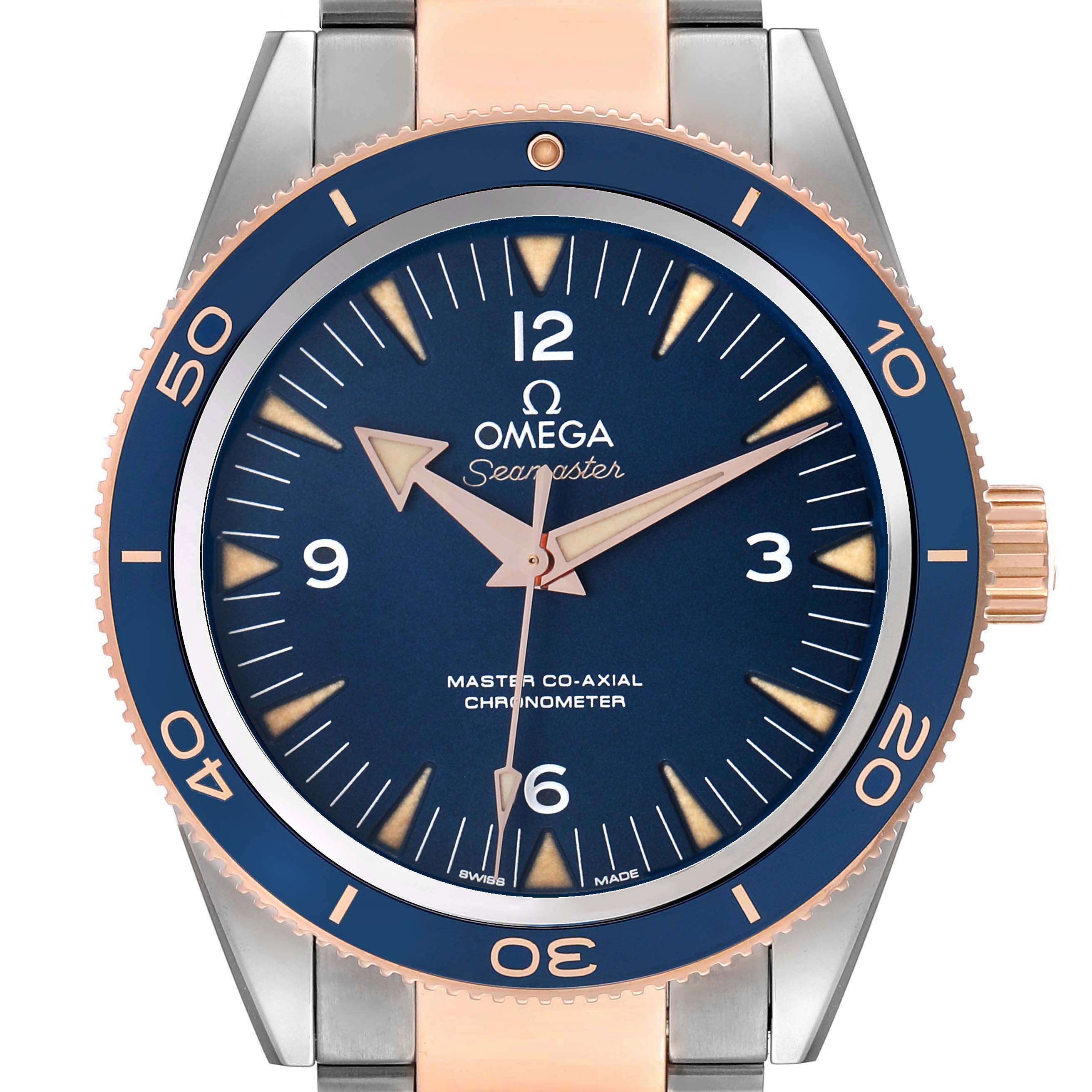 The Omega Seamaster 233.60.41.21.03.001 Men's Titanium Blue Dial watch is shown from a front angle, displaying the face, bezel, and part of the bracelet.