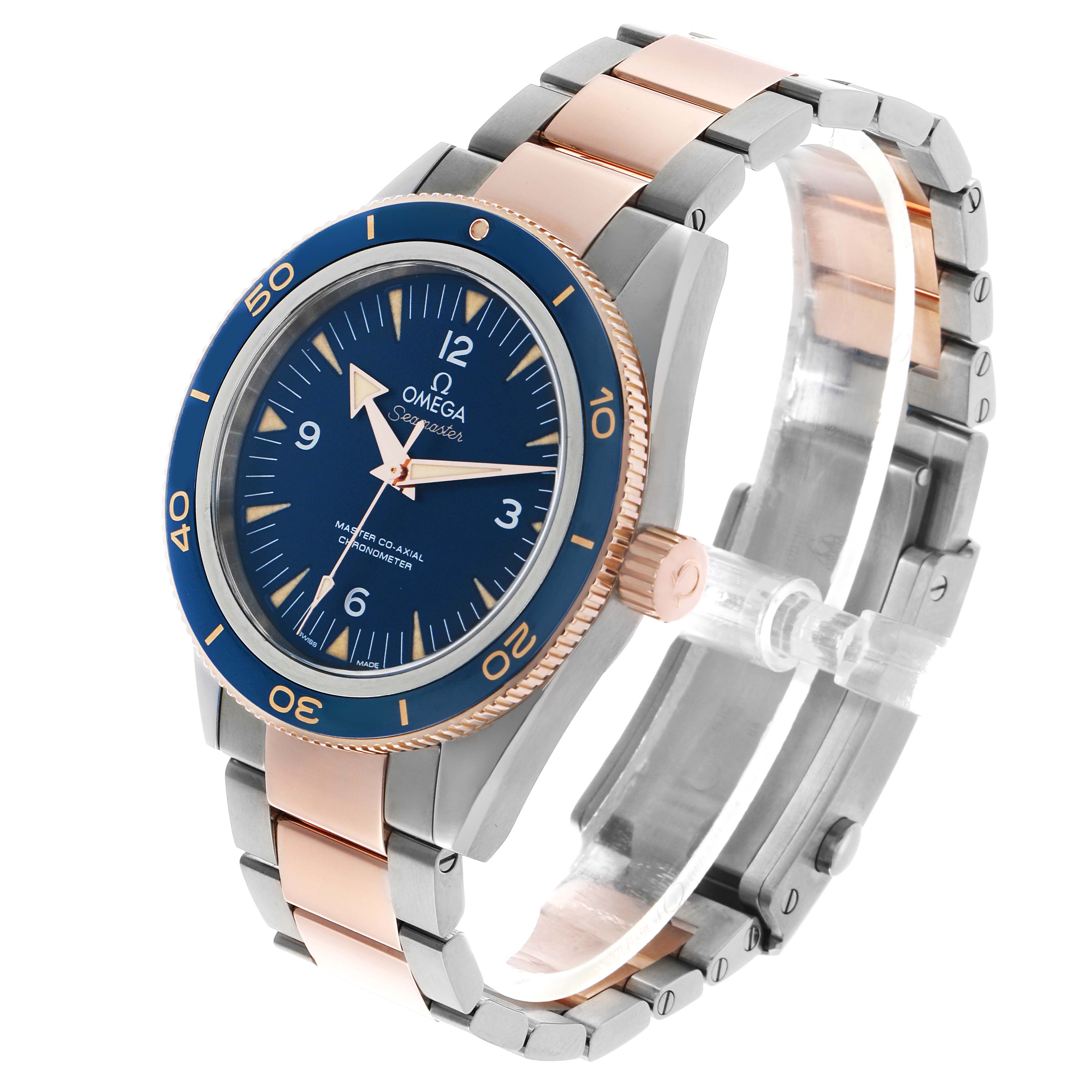 The Omega Seamaster 233.60.41.21.03.001 Men's Titanium Blue Dial watch is shown from a three-quarter angle, highlighting the blue dial, bezel, and two-tone bracelet.
