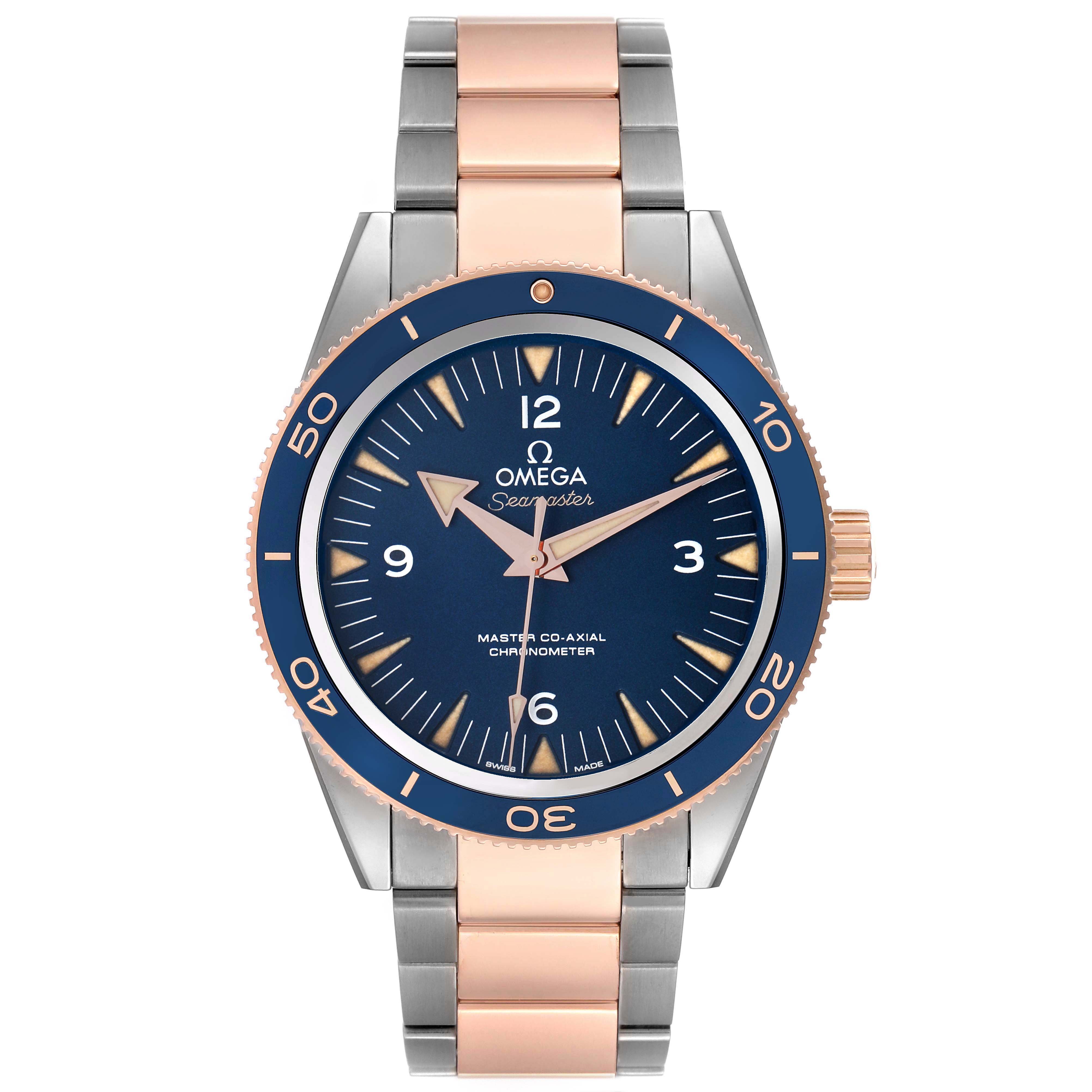 The Omega Seamaster 233.60.41.21.03.001 Men's Titanium Blue Dial watch is shown from the front, highlighting its blue dial, bezel, and two-tone bracelet.