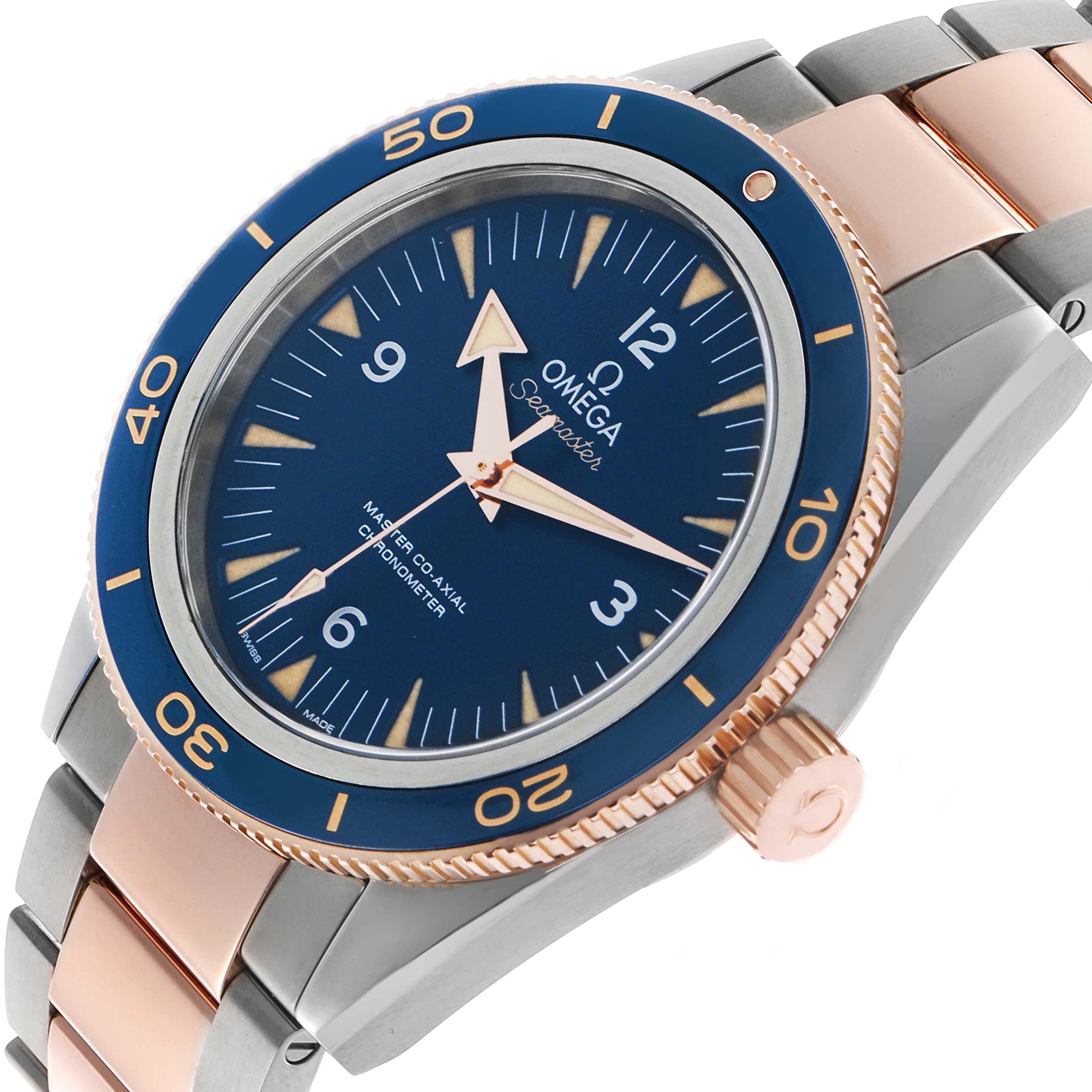 The Omega Seamaster 233.60.41.21.03.001 Men's Titanium Blue Dial watch is shown at a slight side angle, highlighting the blue bezel, dial, and rose gold crown.