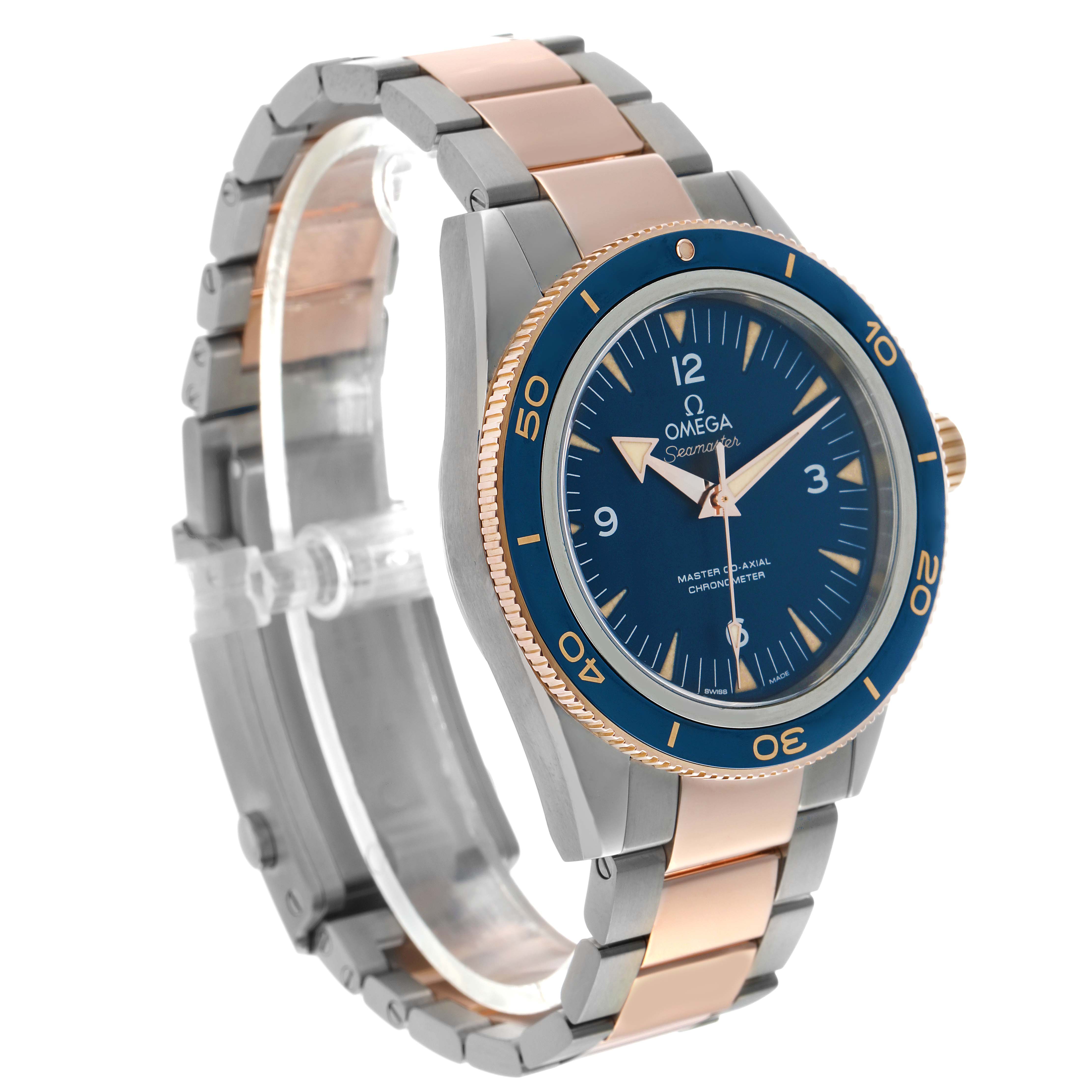 The Omega Seamaster 233.60.41.21.03.001 Men's Titanium Blue Dial watch is shown at a three-quarter angle, highlighting the blue dial, bezel, and two-tone bracelet.