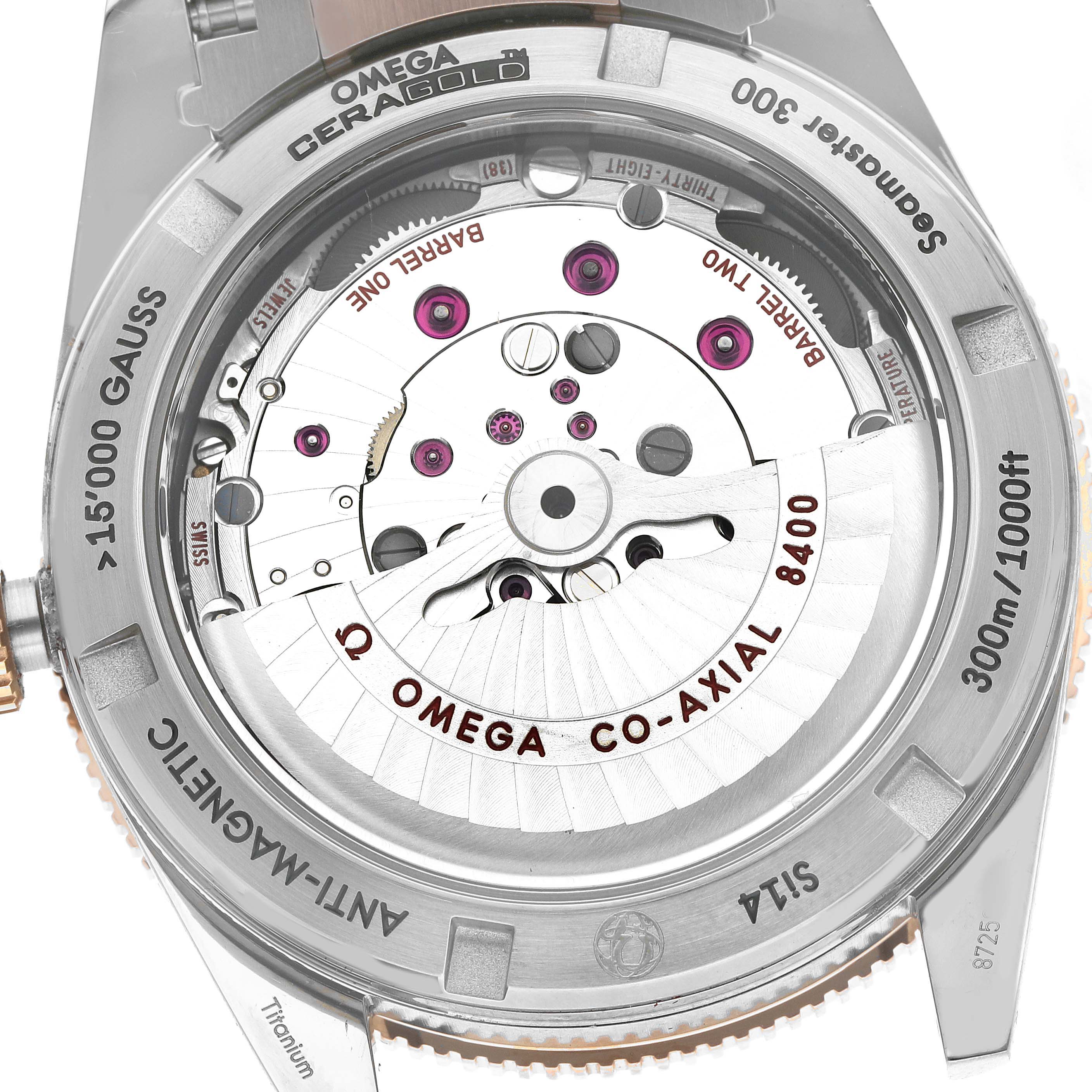 The image shows the back of an Omega Seamaster 233.60.41.21.03.001 Men's Titanium Blue Dial, highlighting the Co-Axial 8400 movement mechanism.