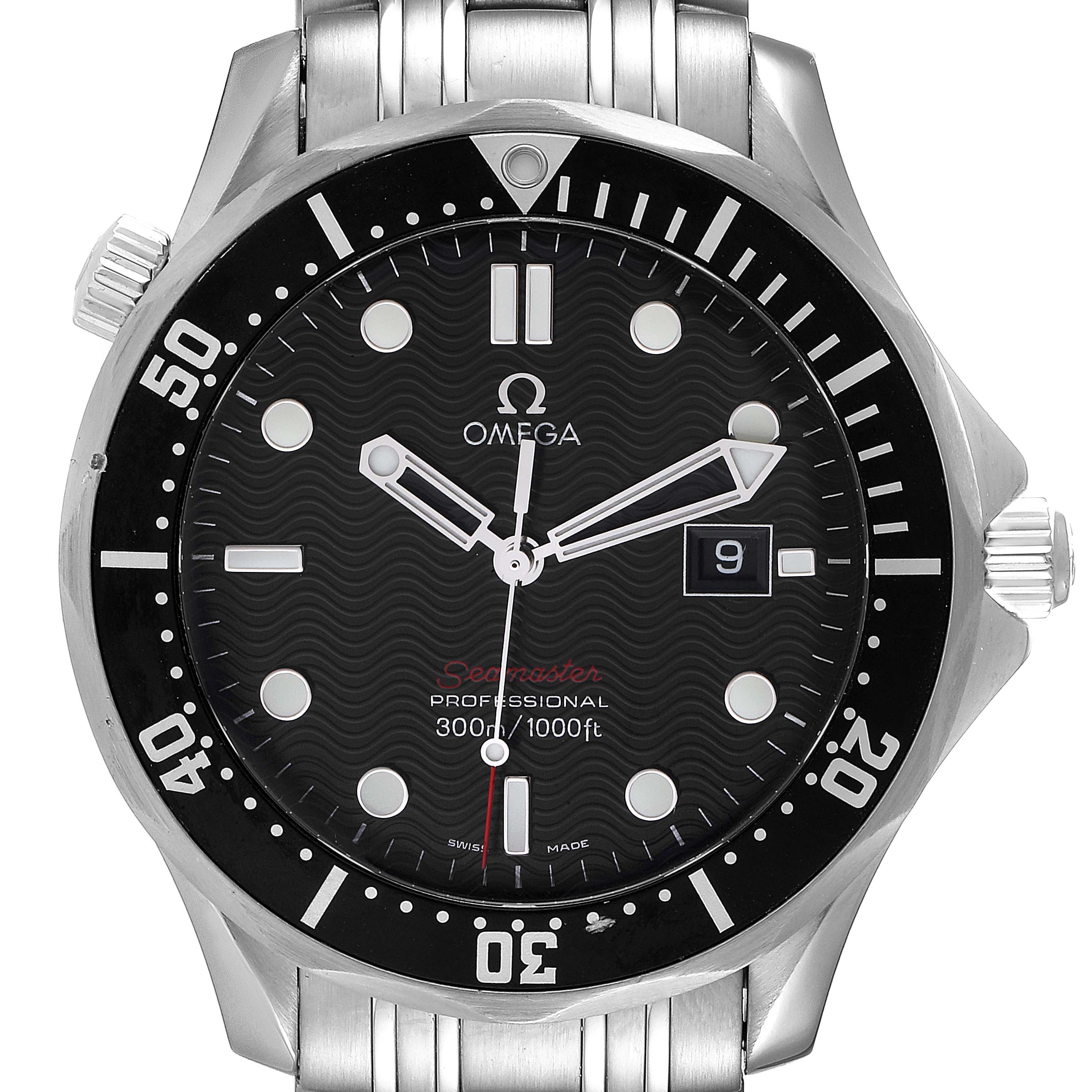 The image shows a front view of the Omega Seamaster 212.30.41.61.01.001 Men's Stainless Steel Black Dial 212.30.41.61.01.001 Men's Stainless Steel Black Dial watch, highlighting its dial, bezel, and stainless steel bracelet.
