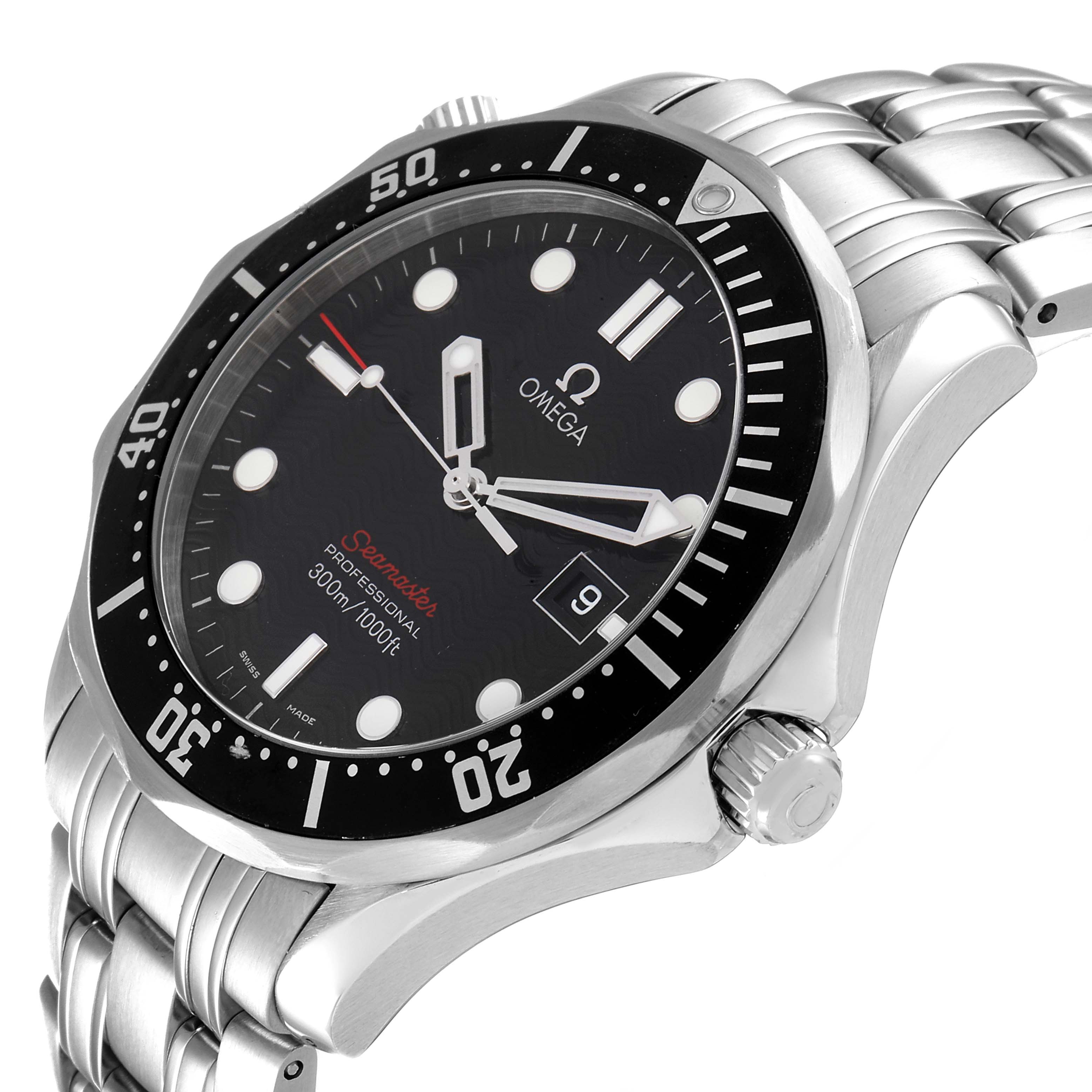 This image shows a side angle of the Omega Seamaster 212.30.41.61.01.001 Men's Stainless Steel Black Dial 212.30.41.61.01.001 Men's Stainless Steel Black Dial watch, highlighting its face, bezel, crown, and stainless steel strap.