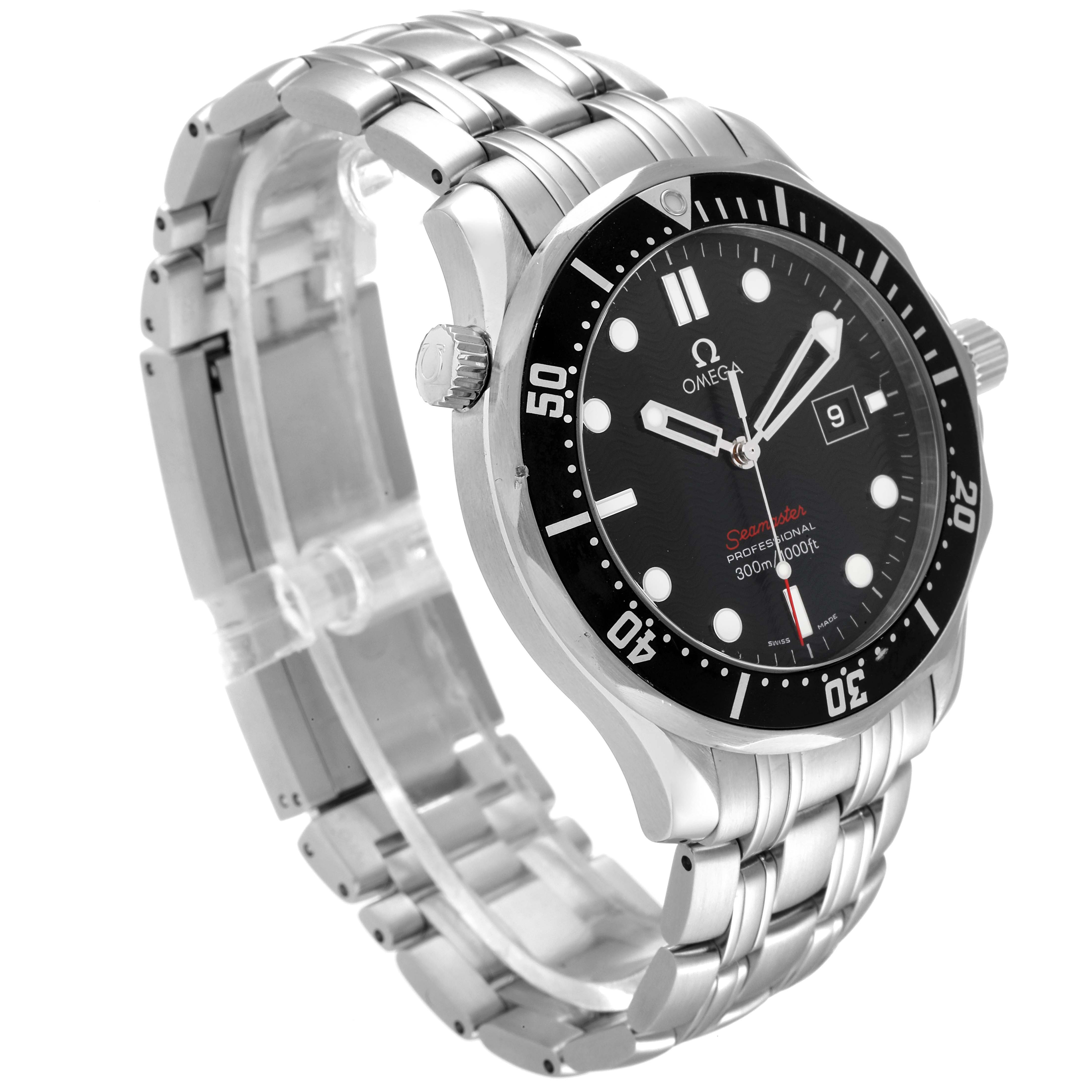 The Omega Seamaster 212.30.41.61.01.001 Men's Stainless Steel Black Dial 212.30.41.61.01.001 Men's Stainless Steel Black Dial watch is shown at a slight angle, highlighting its face, crown, and stainless steel band.