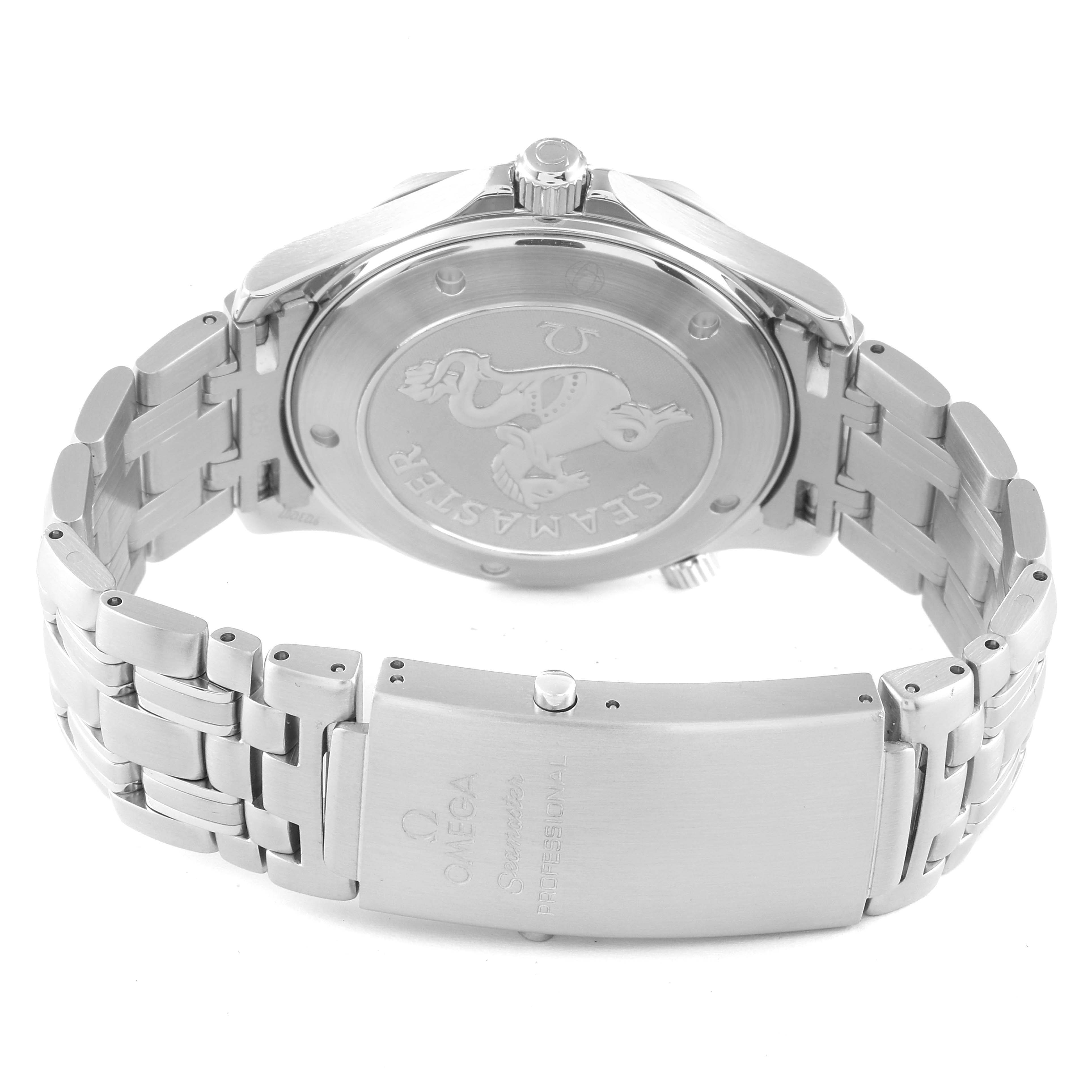 The image shows the back, crown, and bracelet of the Omega Seamaster 212.30.41.61.01.001 Men's Stainless Steel Black Dial 212.30.41.61.01.001 Men's Stainless Steel Black Dial watch from an angled view.