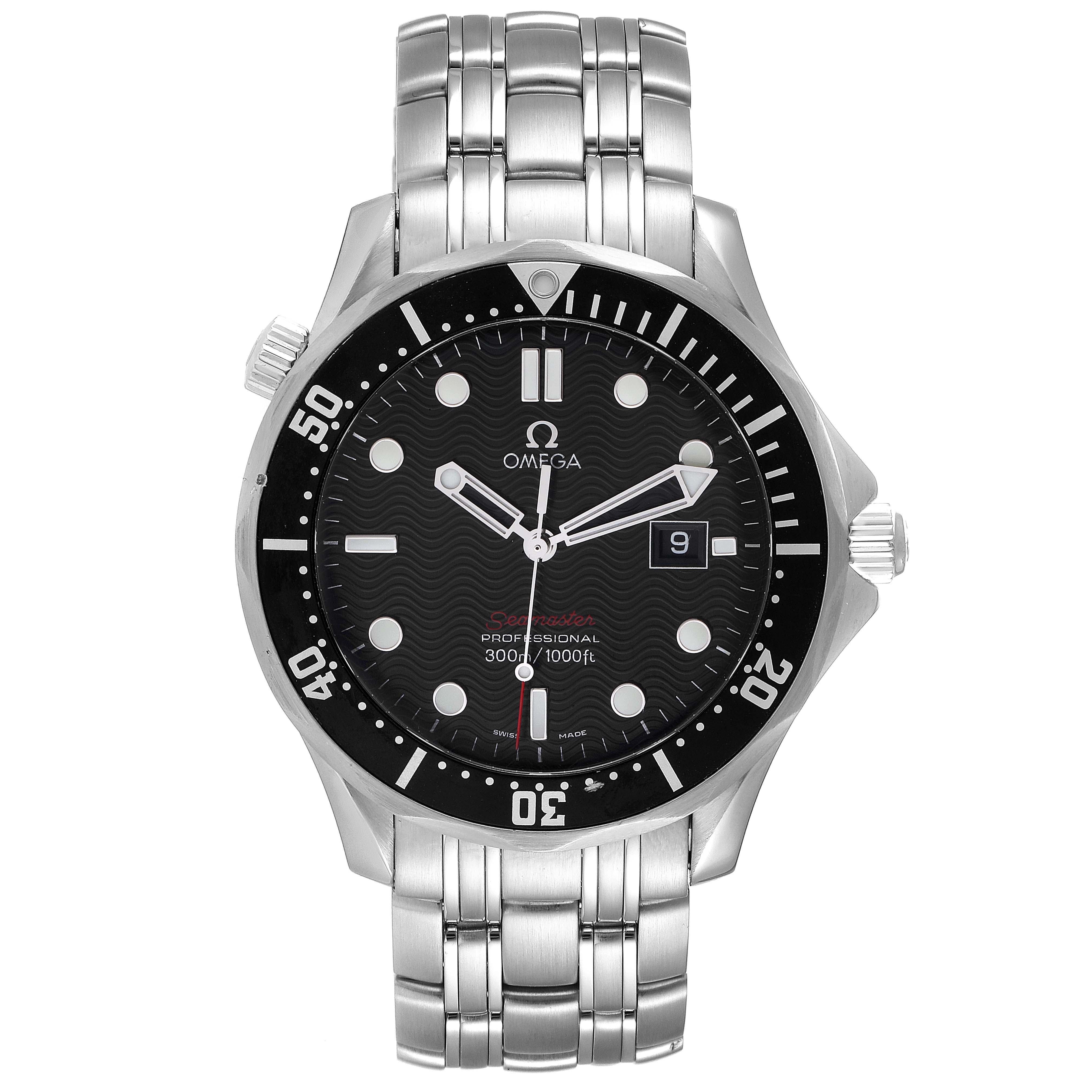 The Omega Seamaster 212.30.41.61.01.001 Men's Stainless Steel Black Dial 212.30.41.61.01.001 Men's Stainless Steel Black Dial watch shown is viewed from the front, displaying the face, bezel, bracelet, and crown.