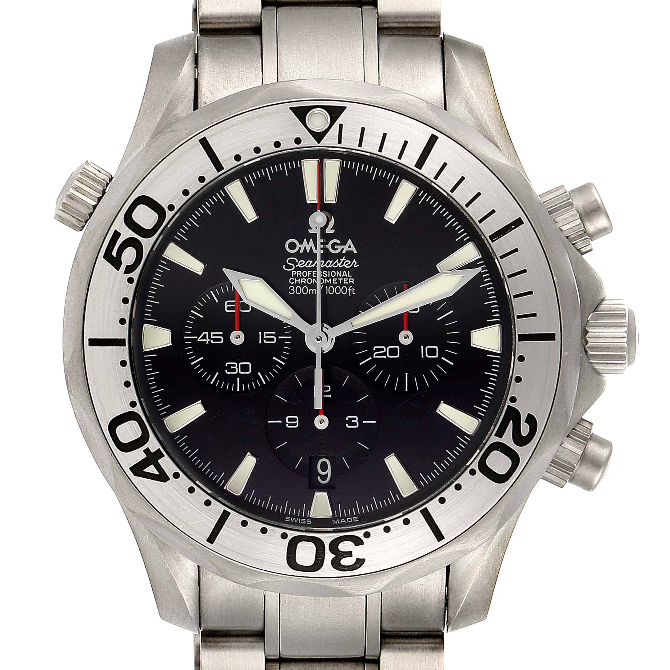 The image shows a front view of an Omega Seamaster 2293.52.00 Men's Titanium Black Dial 2293.52.00 Men's Titanium Black Dial watch, including its bezel, dial, chronograph subdials, and bracelet.