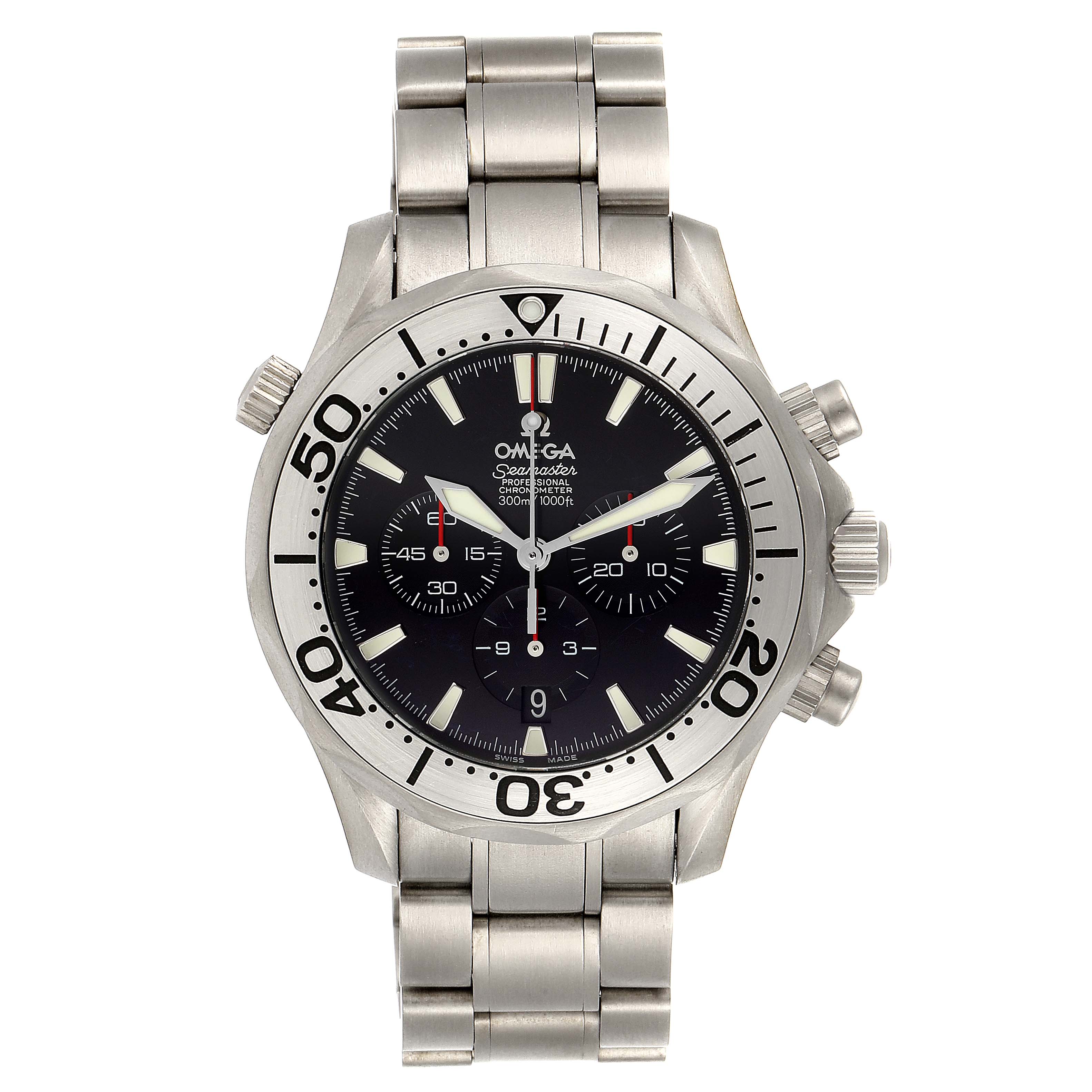 The Omega Seamaster 2293.52.00 Men's Titanium Black Dial 2293.52.00 Men's Titanium Black Dial watch is shown from a front angle, highlighting the face, bezel, and metal bracelet.