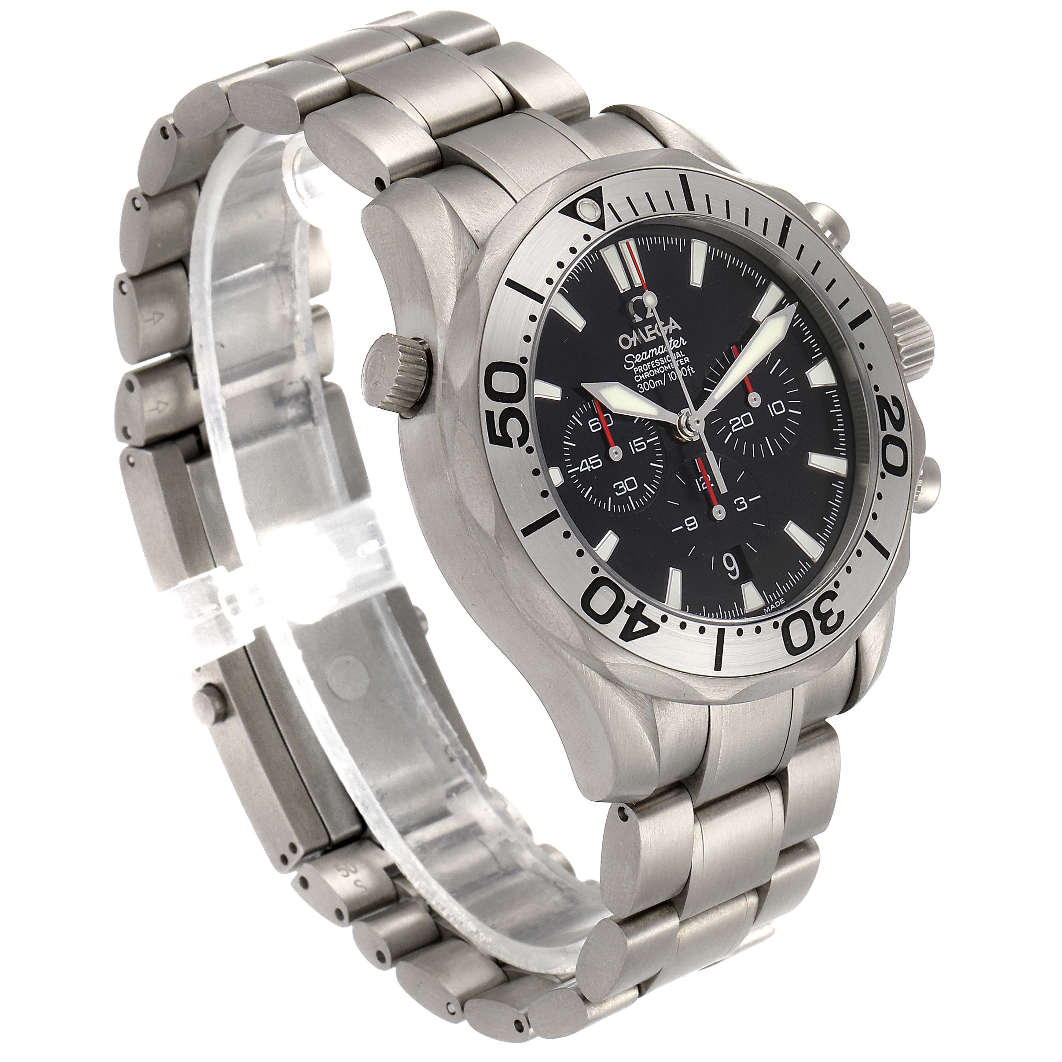 The Omega Seamaster 2293.52.00 Men's Titanium Black Dial 2293.52.00 Men's Titanium Black Dial watch is shown from a front-angle, highlighting its bezel, dial, sub-dials, and bracelet.