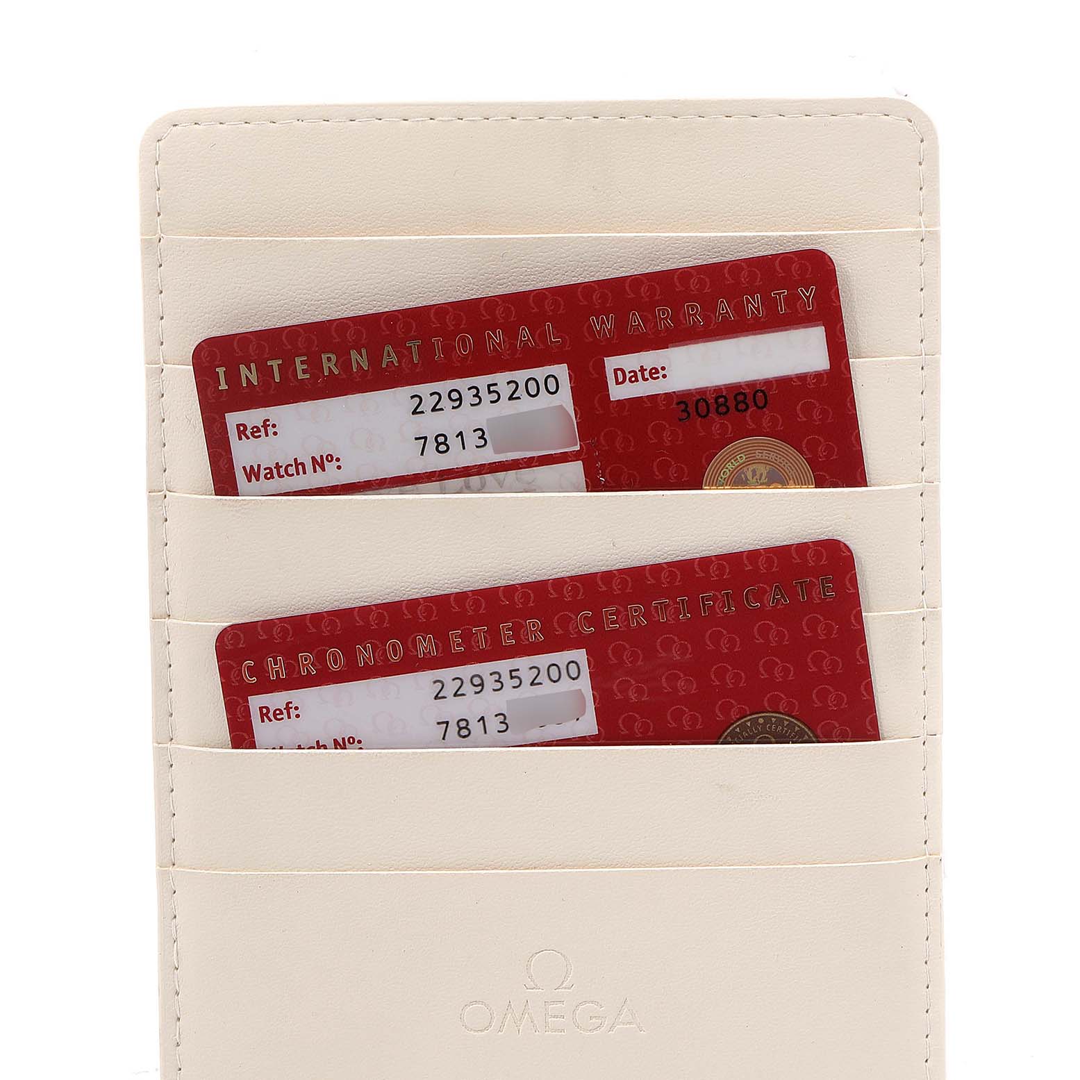 The image features certificates and a white leather card holder for the Omega Seamaster 2293.52.00 Men's Titanium Black Dial 2293.52.00 Men's Titanium Black Dial watch, viewed from the front.