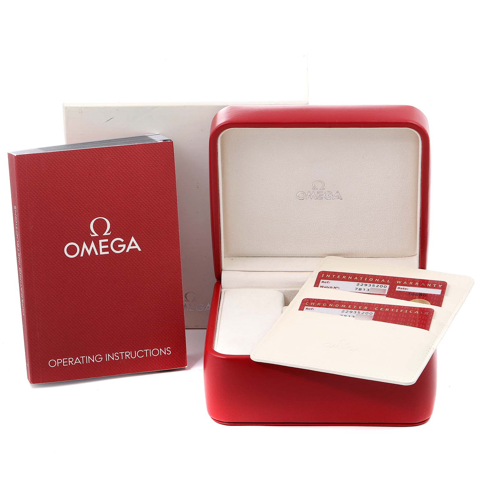 This image shows the packaging and accessories, including the box, warranty cards, and operating instructions for an Omega Seamaster 2293.52.00 Men's Titanium Black Dial 2293.52.00 Men's Titanium Black Dial watch.