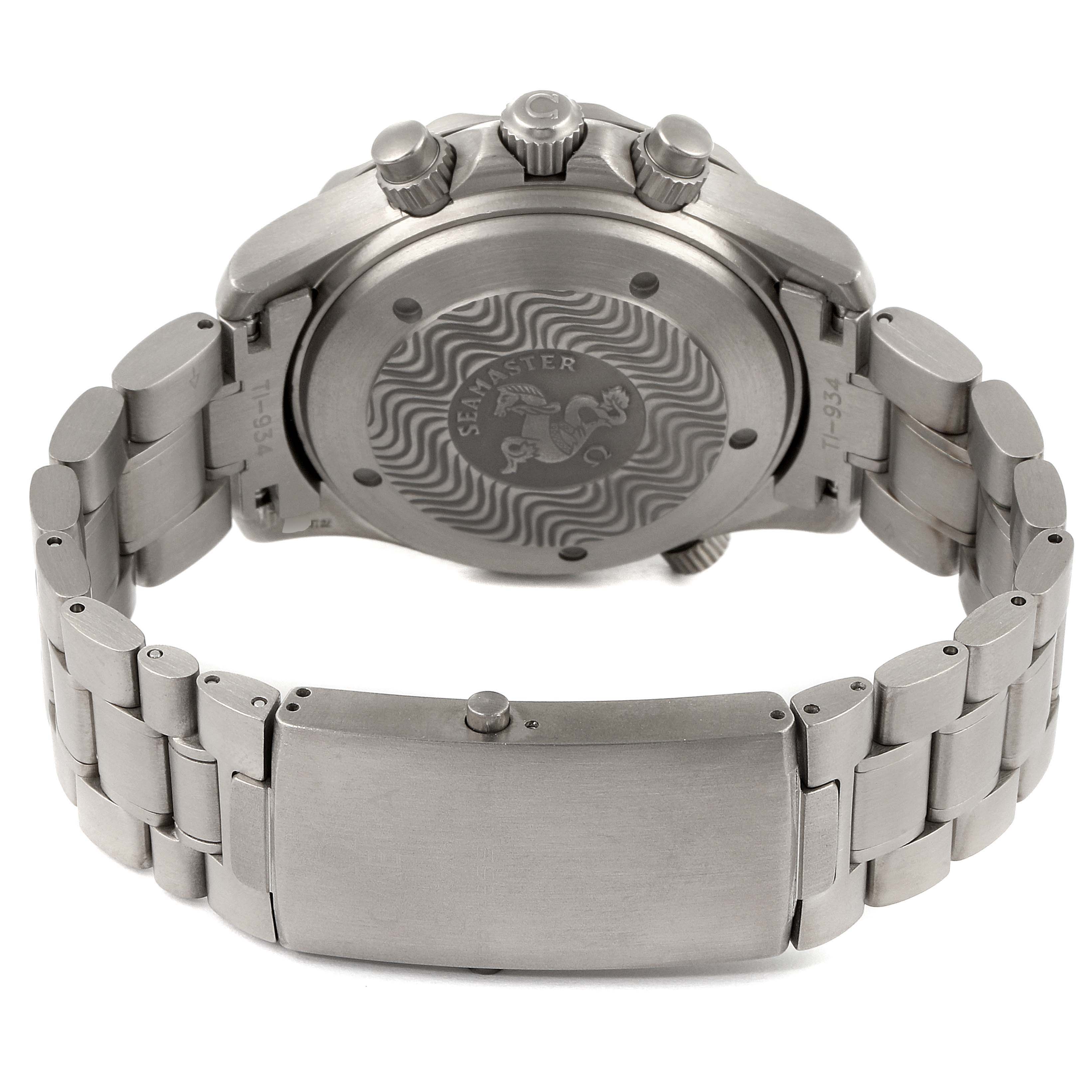 The image shows the back and side of the Omega Seamaster 2293.52.00 Men's Titanium Black Dial 2293.52.00 Men's Titanium Black Dial watch, featuring the bracelet, clasp, case back, and crown.