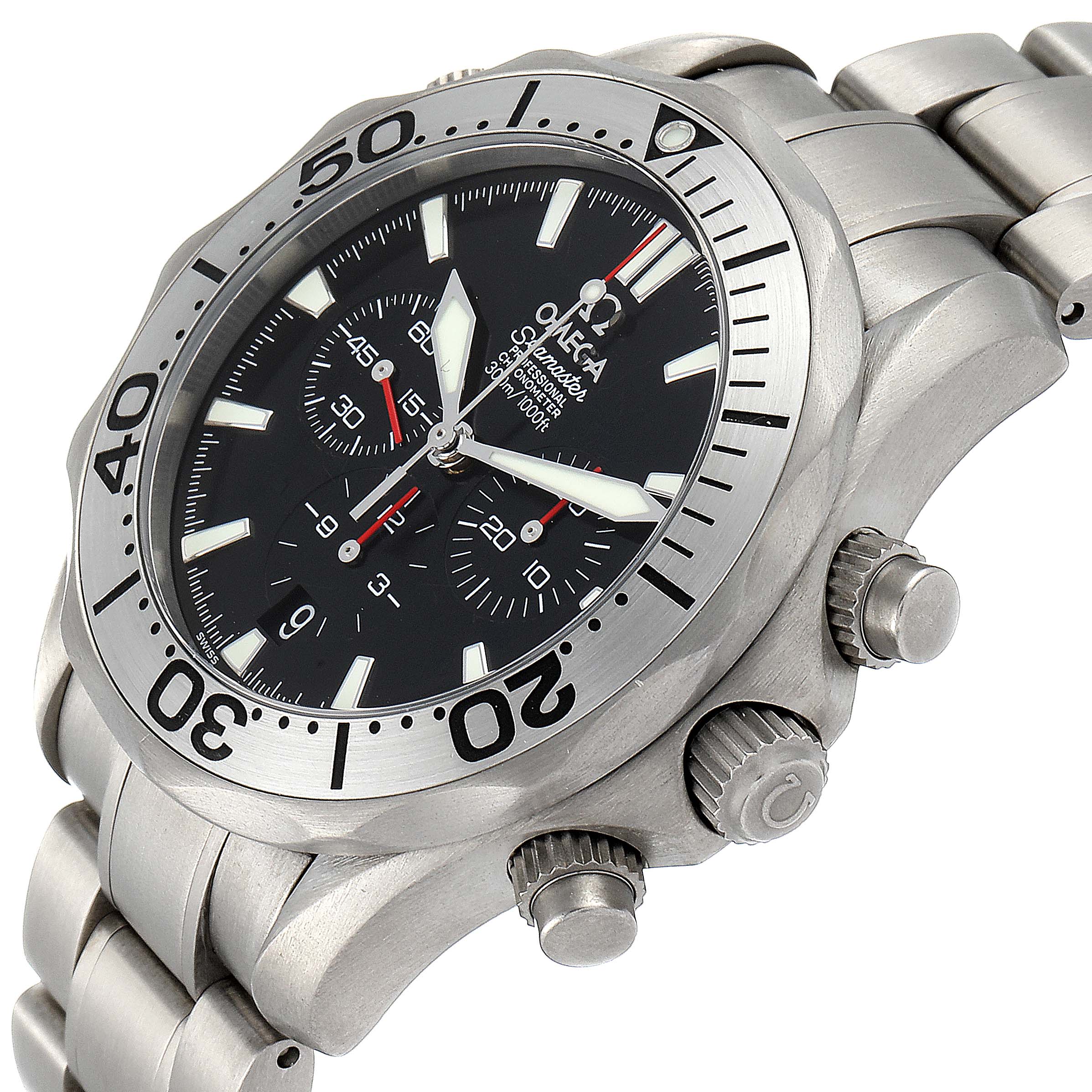 The image shows an angled view of the Omega Seamaster 2293.52.00 Men's Titanium Black Dial 2293.52.00 Men's Titanium Black Dial watch, displaying the crown, chronograph pushers, bezel, and part of the bracelet.