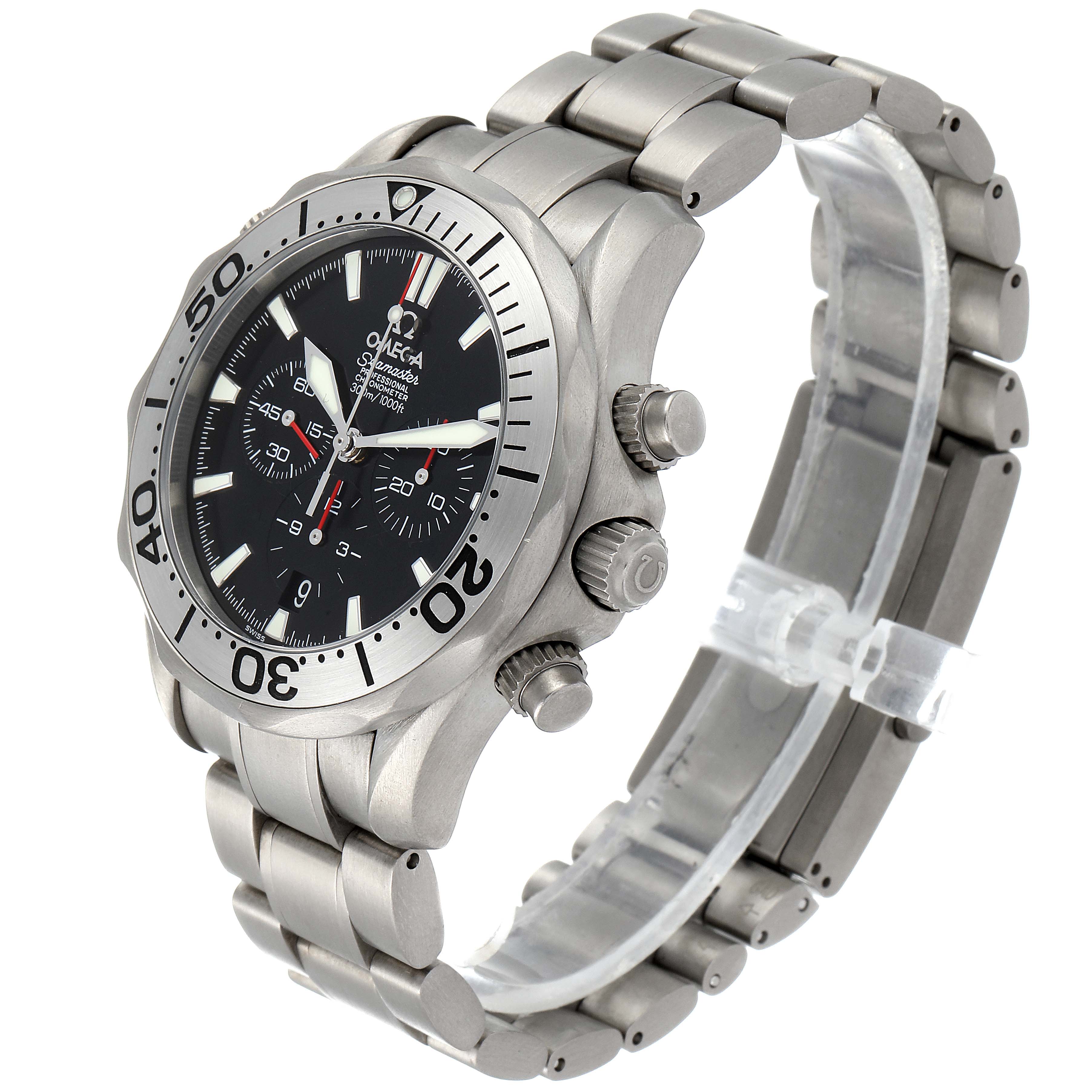 The image shows an angled view of an Omega Seamaster 2293.52.00 Men's Titanium Black Dial 2293.52.00 Men's Titanium Black Dial watch, highlighting the bezel, dial, case, and bracelet.