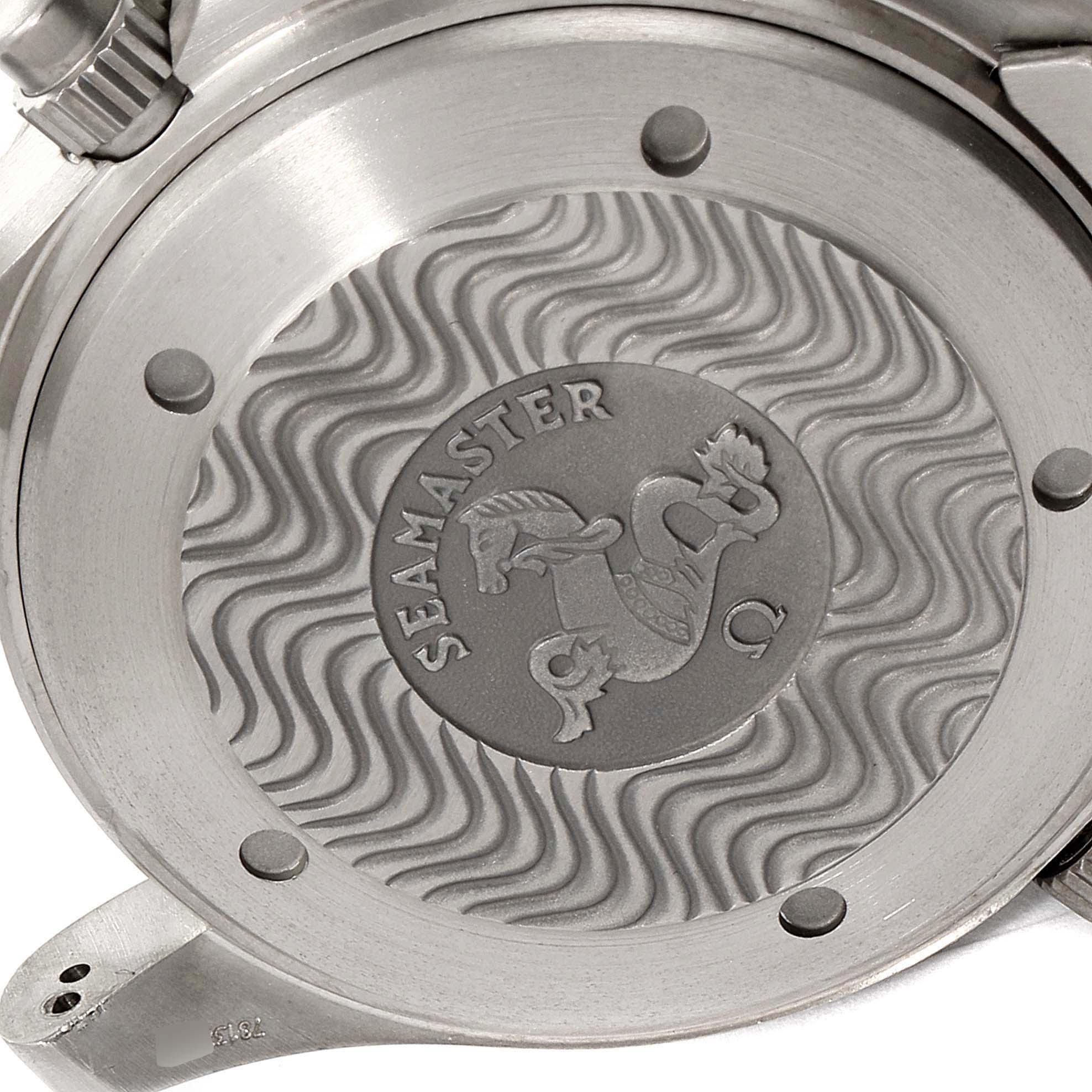 This image shows the back case of an Omega Seamaster 2293.52.00 Men's Titanium Black Dial 2293.52.00 Men's Titanium Black Dial watch, featuring the engraved logo.