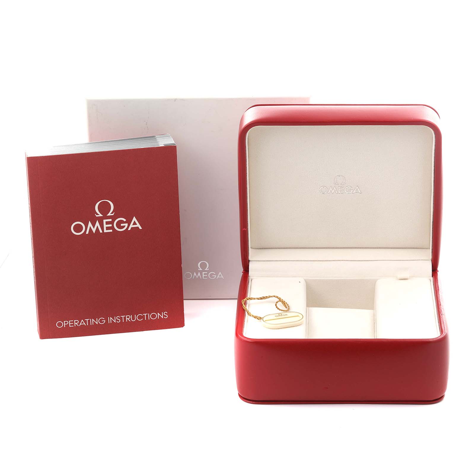 The image shows an Omega Seamaster 212.30.36.20.01.001 Men
s Stainless Steel Black Dial 212.30.36.20.01.001 Men
s Stainless Steel Black Dial watch box, an instruction booklet, and a tag with no watch visible.