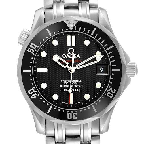 The Omega Seamaster watch is shown from a front view, displaying the dial, bezel, and stainless steel bracelet.