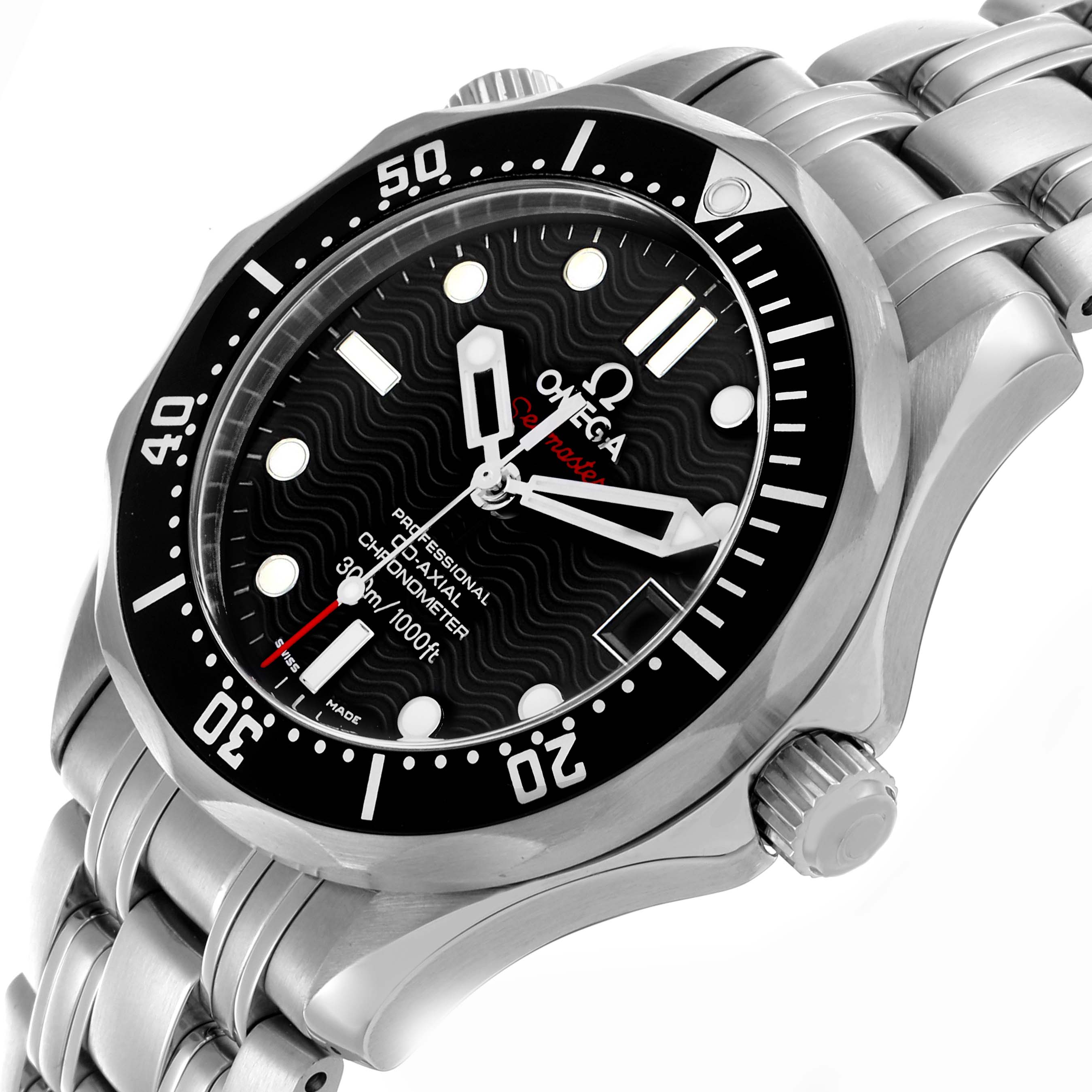 The Omega Seamaster 212.30.36.20.01.001 Men
s Stainless Steel Black Dial 212.30.36.20.01.001 Men
s Stainless Steel Black Dial watch is shown at an angle highlighting the face, bezel, crown, and part of the bracelet.