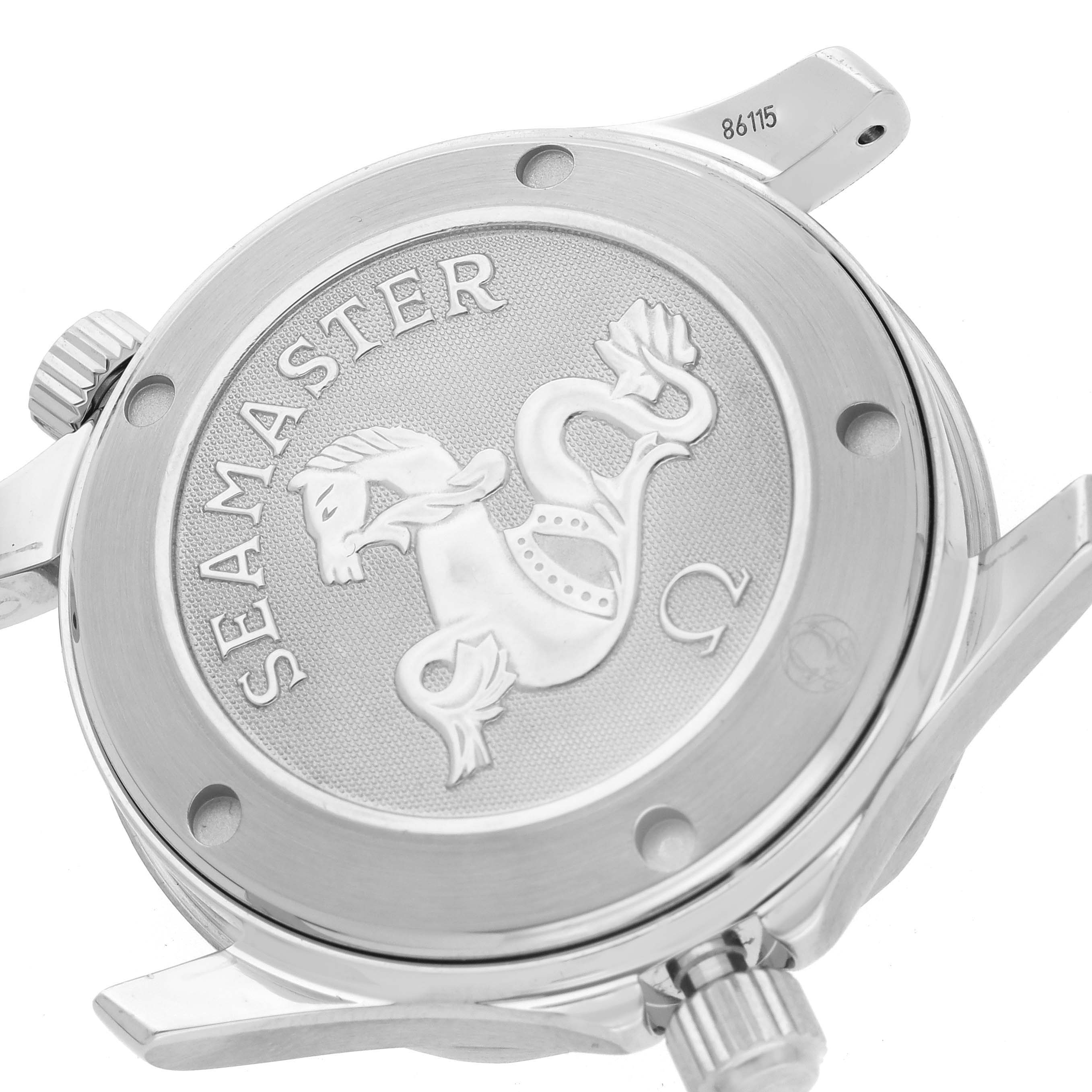 The image shows the back case of an Omega Seamaster 212.30.36.20.01.001 Men
s Stainless Steel Black Dial 212.30.36.20.01.001 Men
s Stainless Steel Black Dial watch, featuring the engraved logo and text.