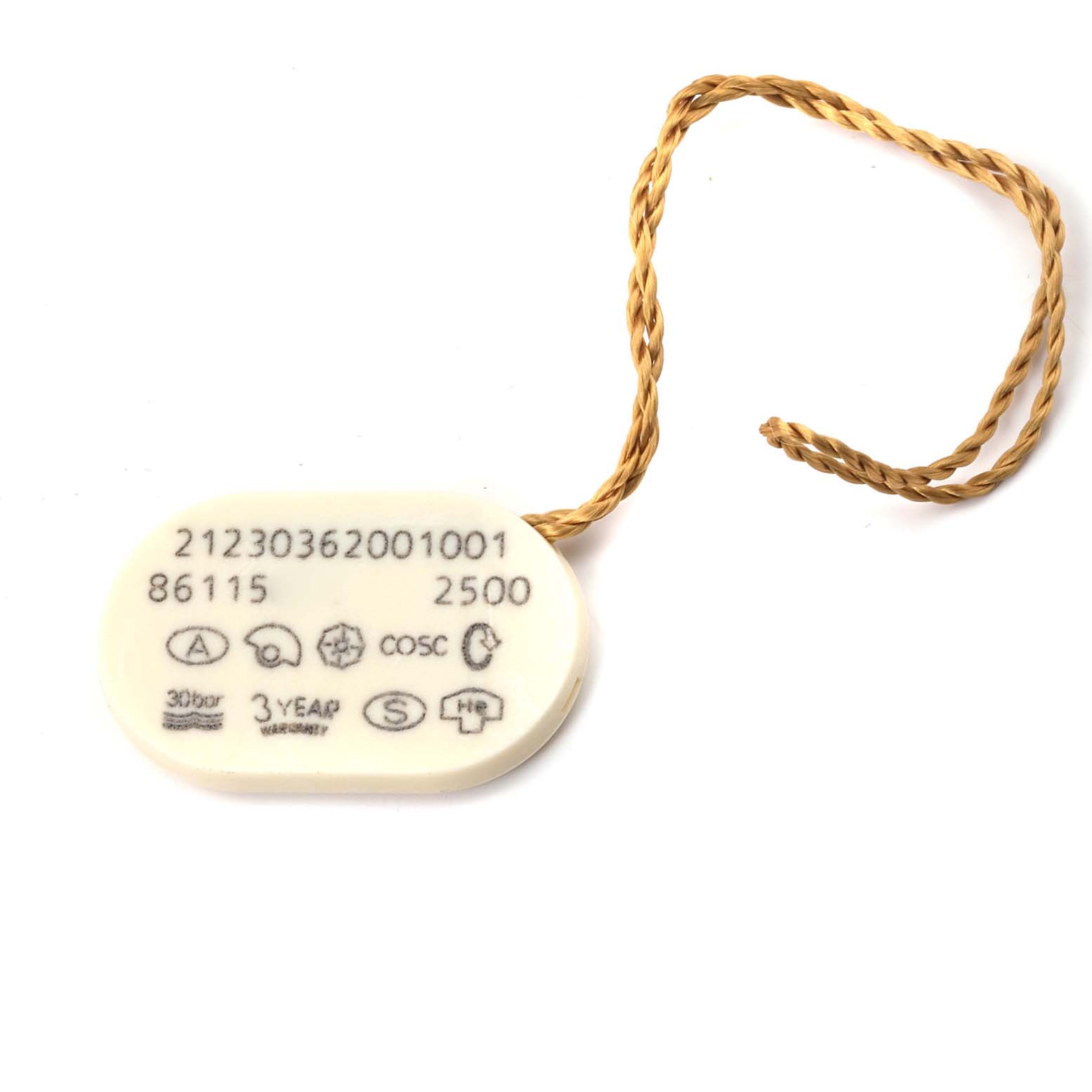 The image shows an Omega Seamaster 212.30.36.20.01.001 Men
s Stainless Steel Black Dial 212.30.36.20.01.001 Men
s Stainless Steel Black Dial tag with model and certification details, attached to a braided string.