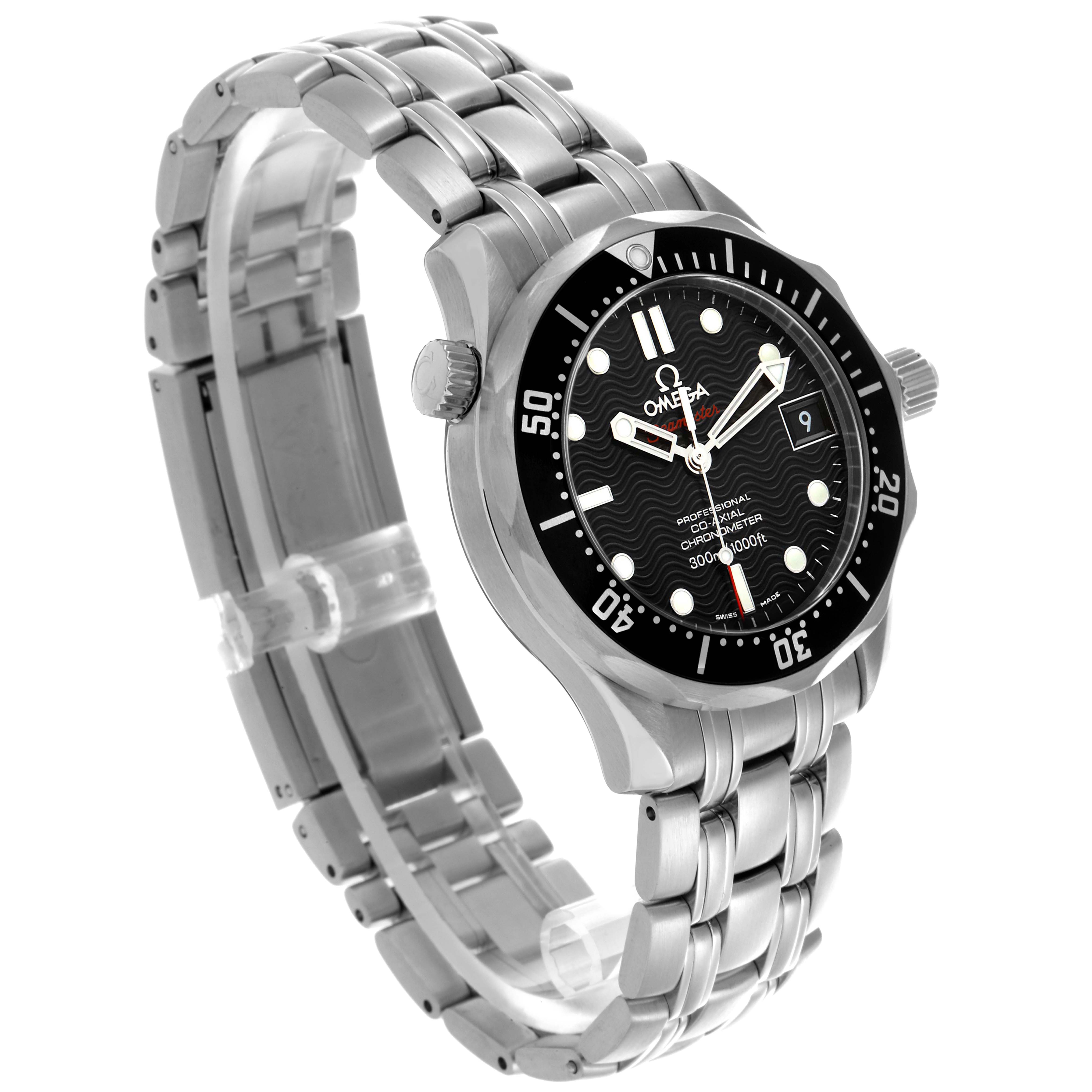 The Omega Seamaster 212.30.36.20.01.001 Men
s Stainless Steel Black Dial 212.30.36.20.01.001 Men
s Stainless Steel Black Dial watch is shown at a three-quarter angle, displaying the black dial, bezel, and metal bracelet.