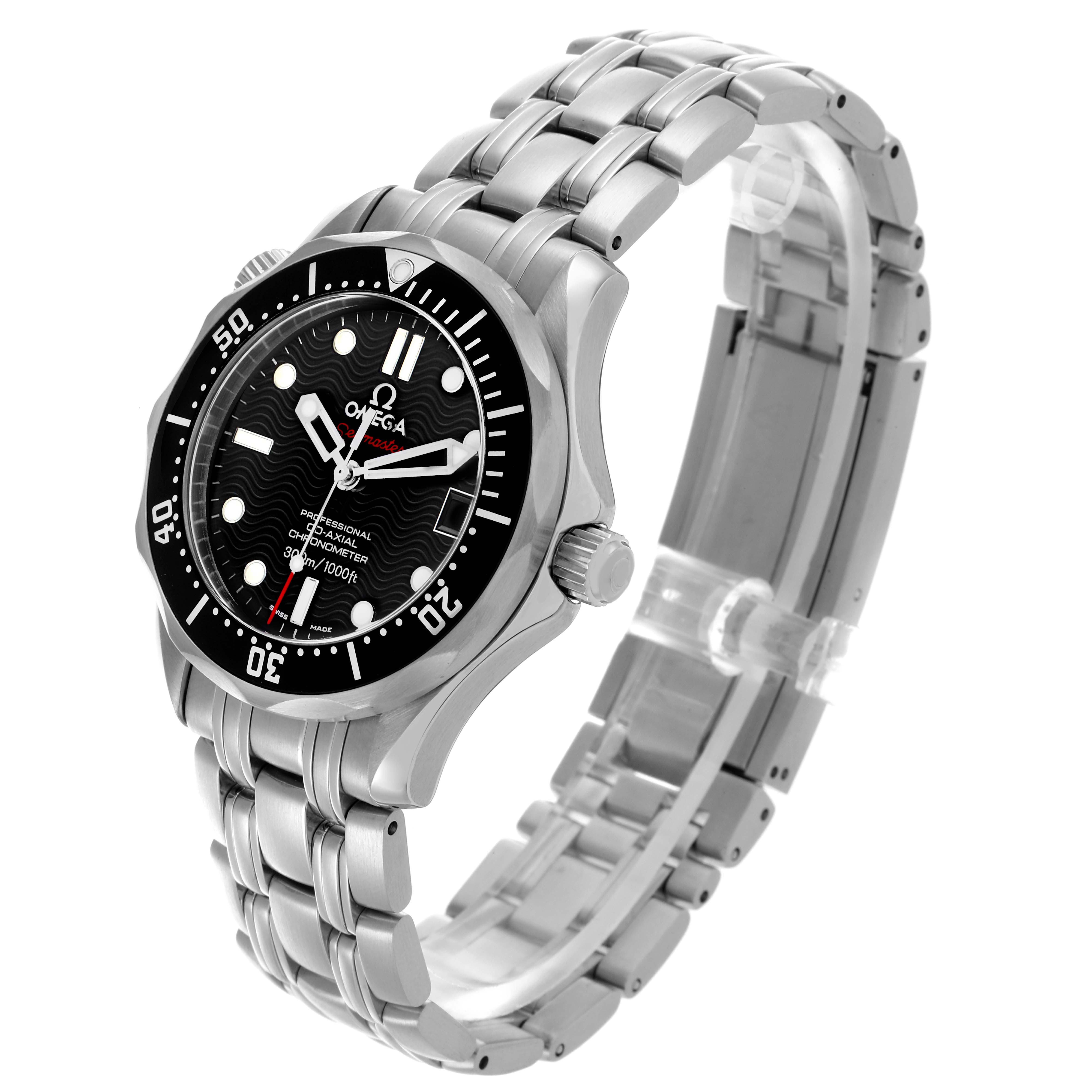 The Omega Seamaster 212.30.36.20.01.001 Men
s Stainless Steel Black Dial 212.30.36.20.01.001 Men
s Stainless Steel Black Dial watch is shown at a three-quarter angle, highlighting the face, bezel, crown, and stainless steel bracelet.