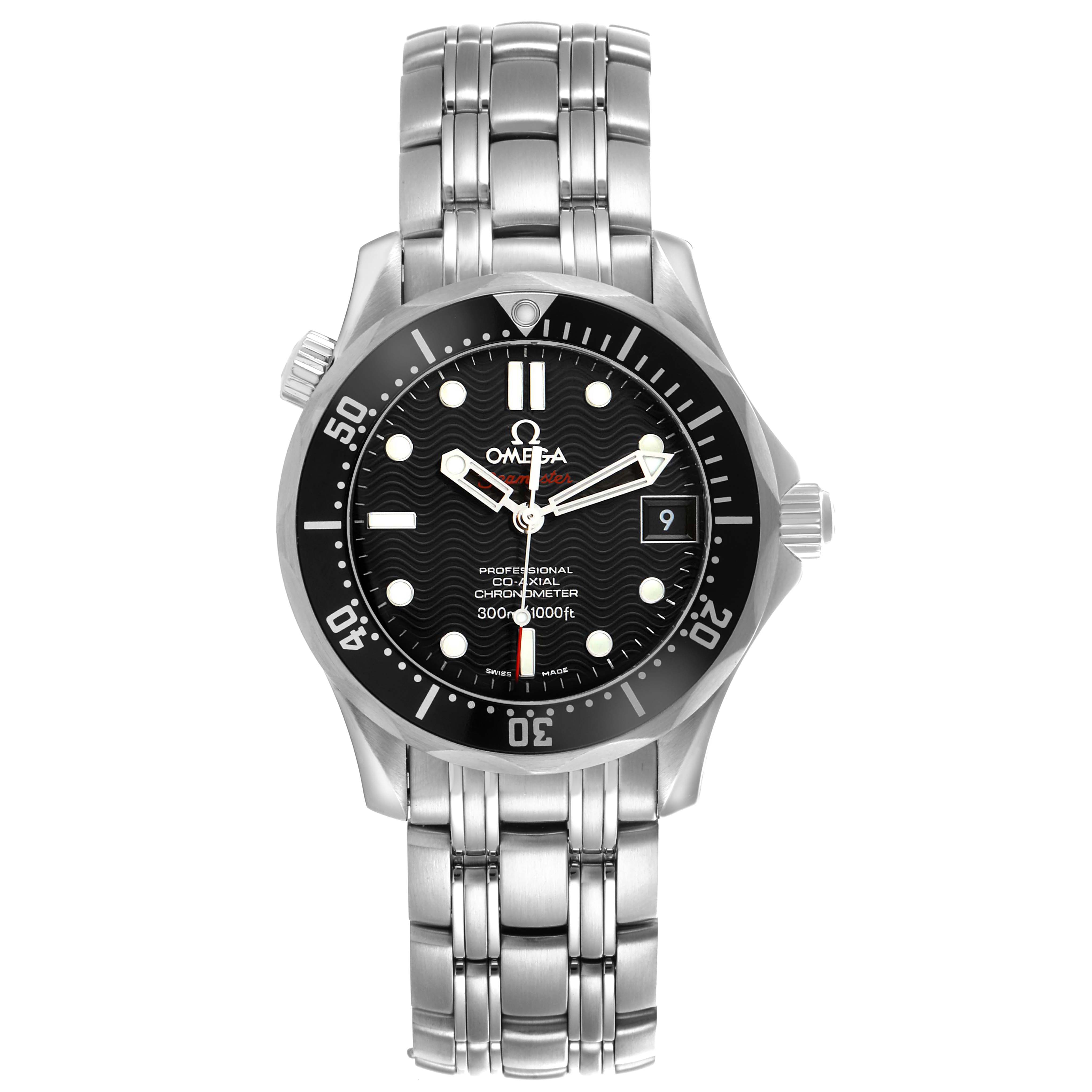 The Omega Seamaster 212.30.36.20.01.001 Men
s Stainless Steel Black Dial 212.30.36.20.01.001 Men
s Stainless Steel Black Dial is shown from the front, displaying the dial, bezel, and metal bracelet.