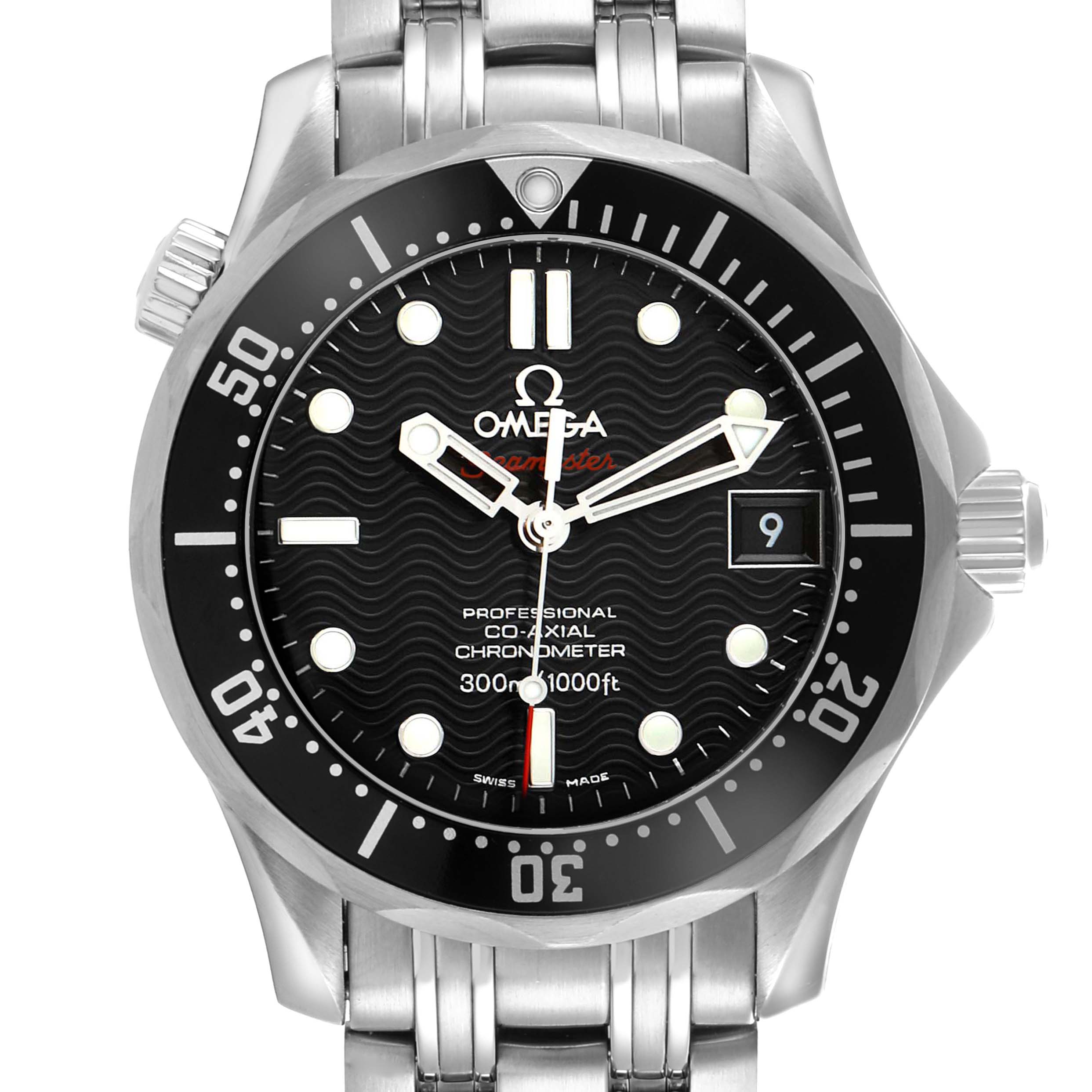 The image shows a front view of the Omega Seamaster 212.30.36.20.01.001 Men
s Stainless Steel Black Dial 212.30.36.20.01.001 Men
s Stainless Steel Black Dial, displaying the dial, bezel, hands, and part of the bracelet.