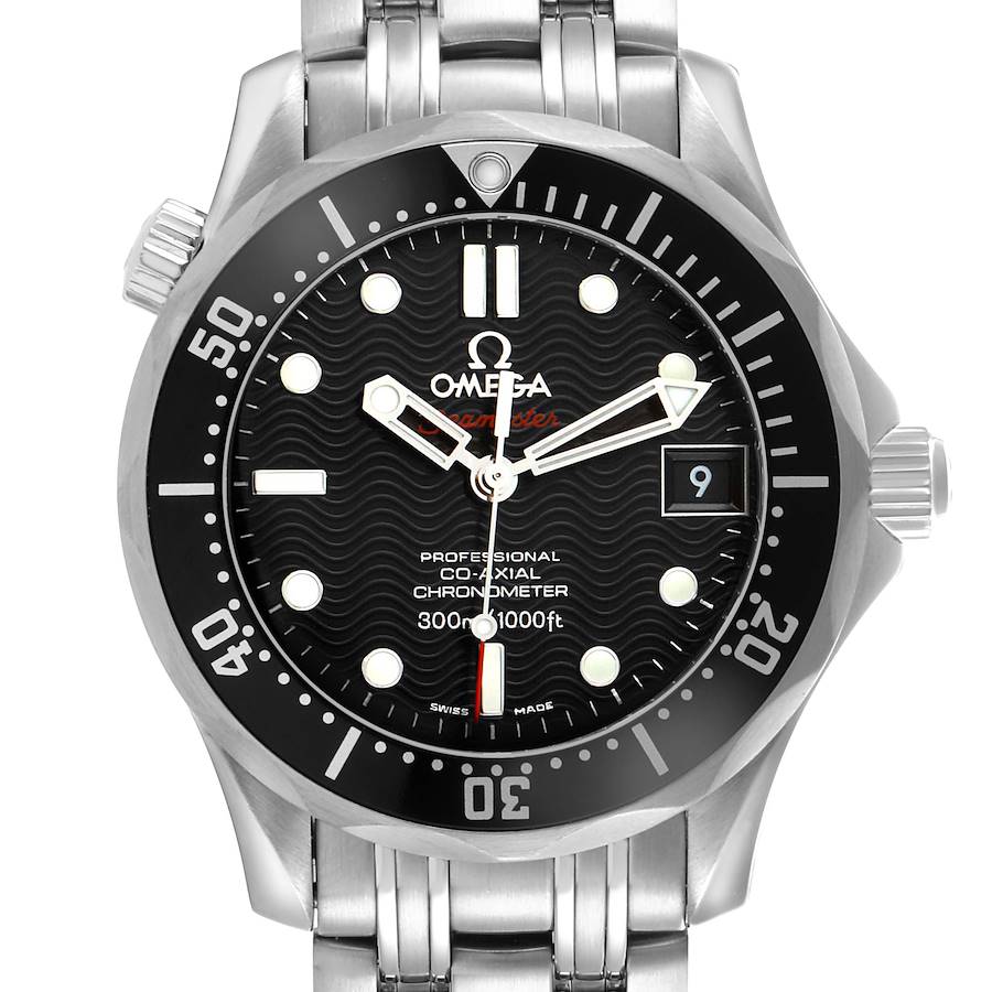 The image shows a front view of the Omega Seamaster, displaying the dial, bezel, hands, and part of the bracelet.