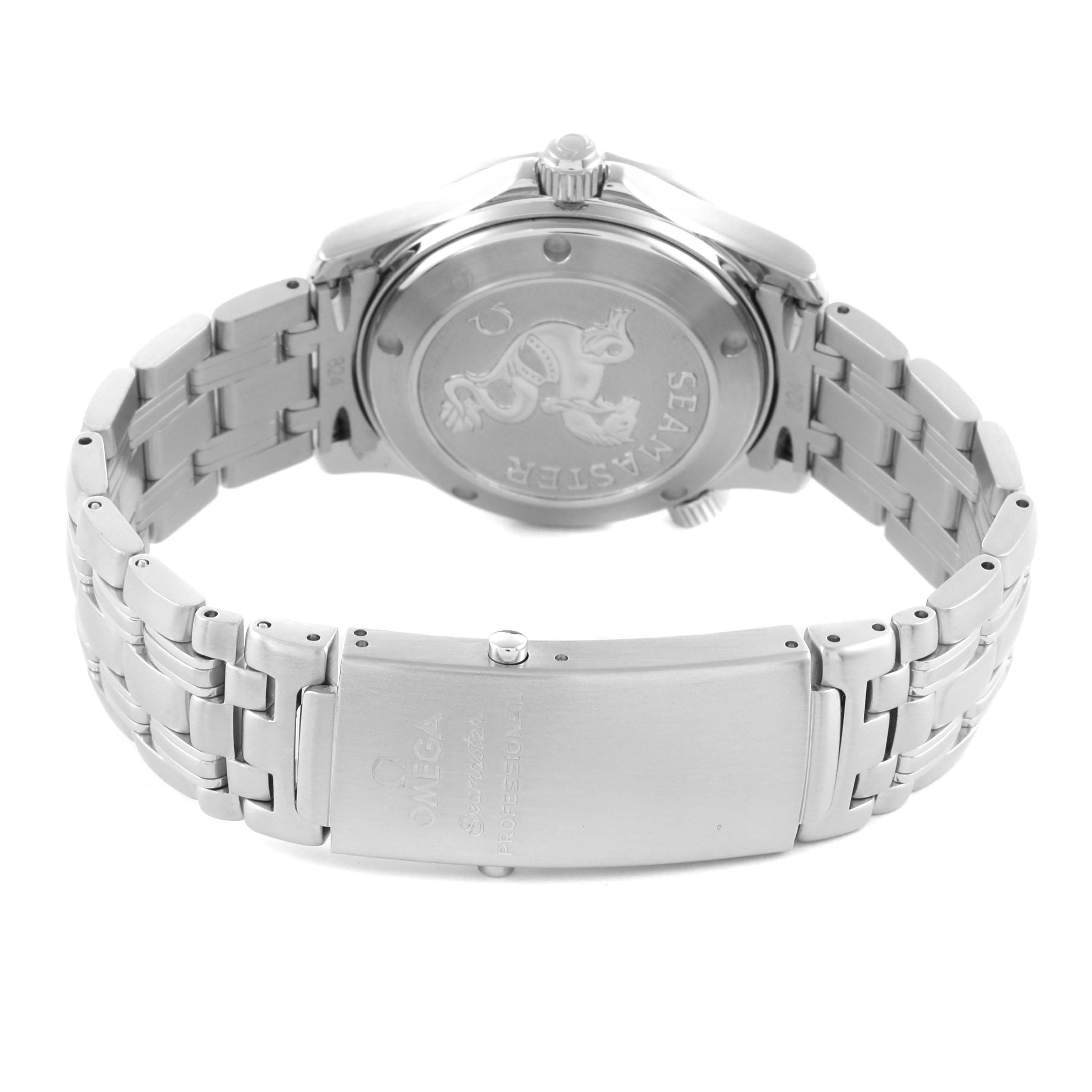 The Omega Seamaster 212.30.36.20.01.001 Men
s Stainless Steel Black Dial 212.30.36.20.01.001 Men
s Stainless Steel Black Dial watch is shown from the back, displaying the case back and metallic bracelet.