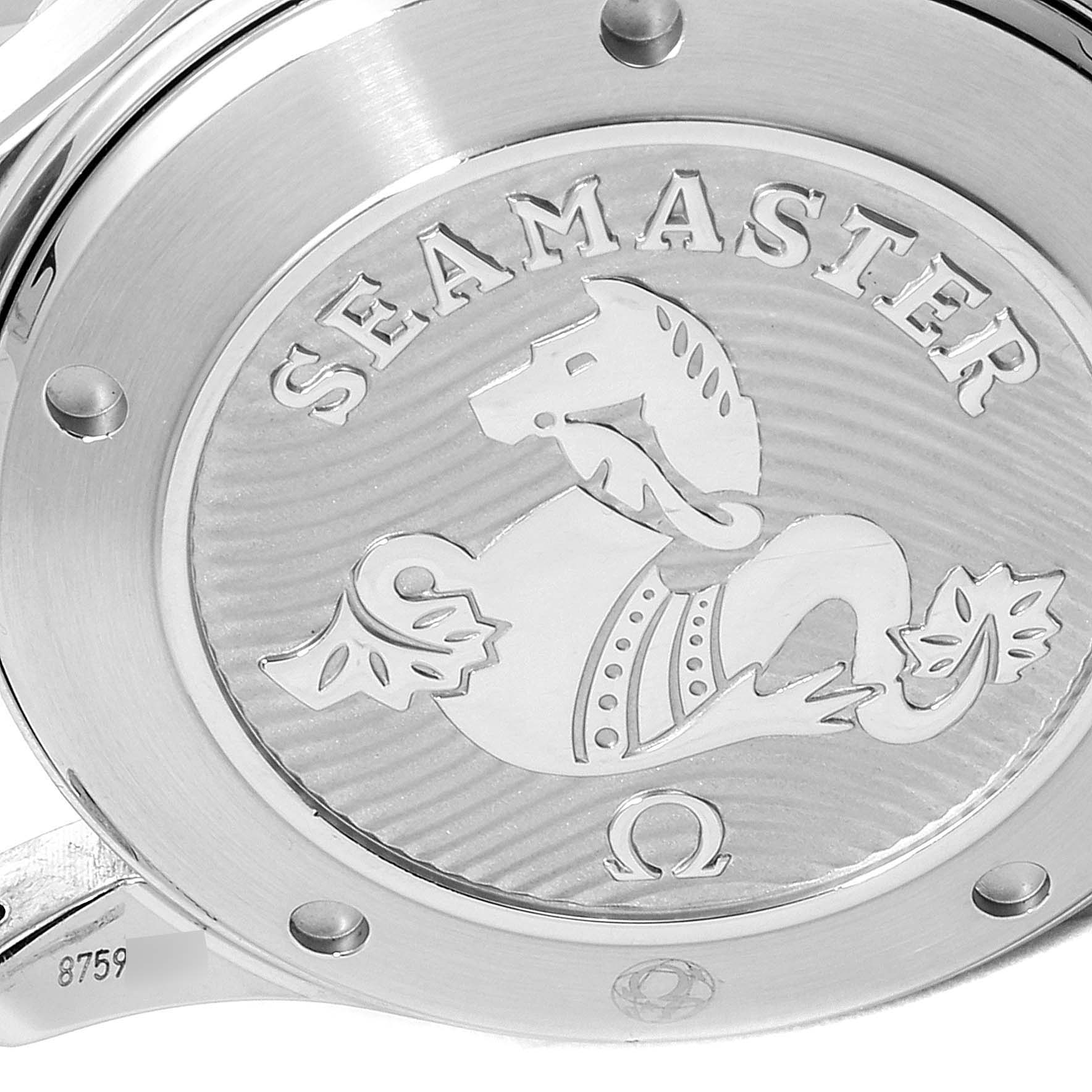 The image shows a close-up of the case back of the Omega Seamaster 212.30.41.20.01.003 Men
s Stainless Steel Black Dial 212.30.41.20.01.003 Men
s Stainless Steel Black Dial watch, featuring the model
s engraved logo design.