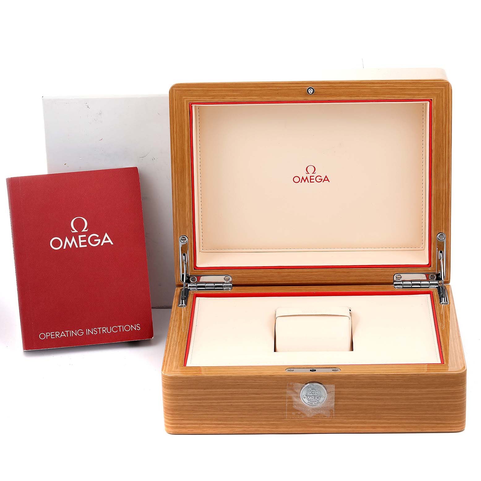 The image shows an open Omega Seamaster 212.30.41.20.01.003 Men
s Stainless Steel Black Dial 212.30.41.20.01.003 Men
s Stainless Steel Black Dial watch box and an operating instructions booklet, viewed from the front.