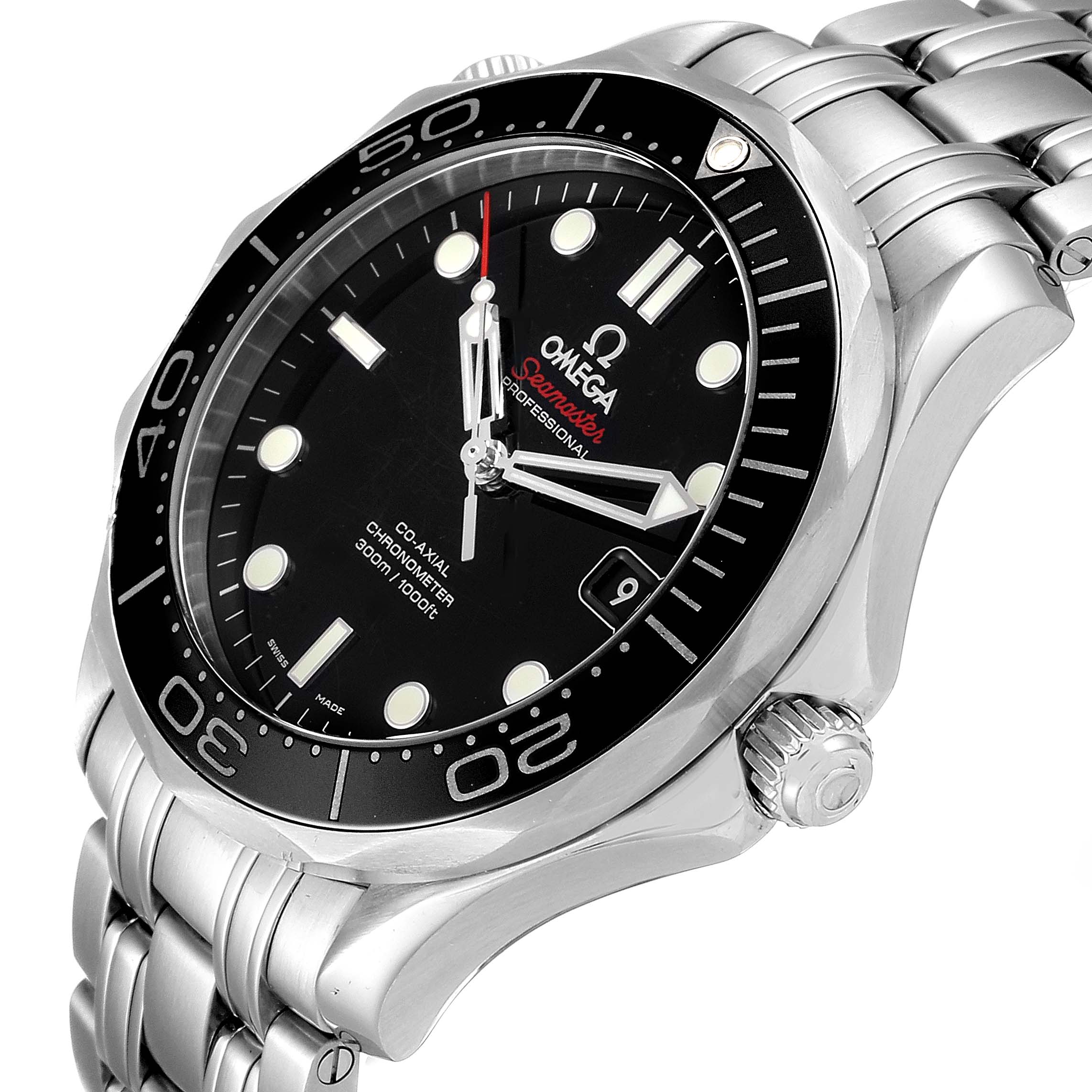This image shows an angled view of the Omega Seamaster 212.30.41.20.01.003 Men
s Stainless Steel Black Dial 212.30.41.20.01.003 Men
s Stainless Steel Black Dial watch, highlighting its bezel, dial, hands, crown, and portion of the bracelet.