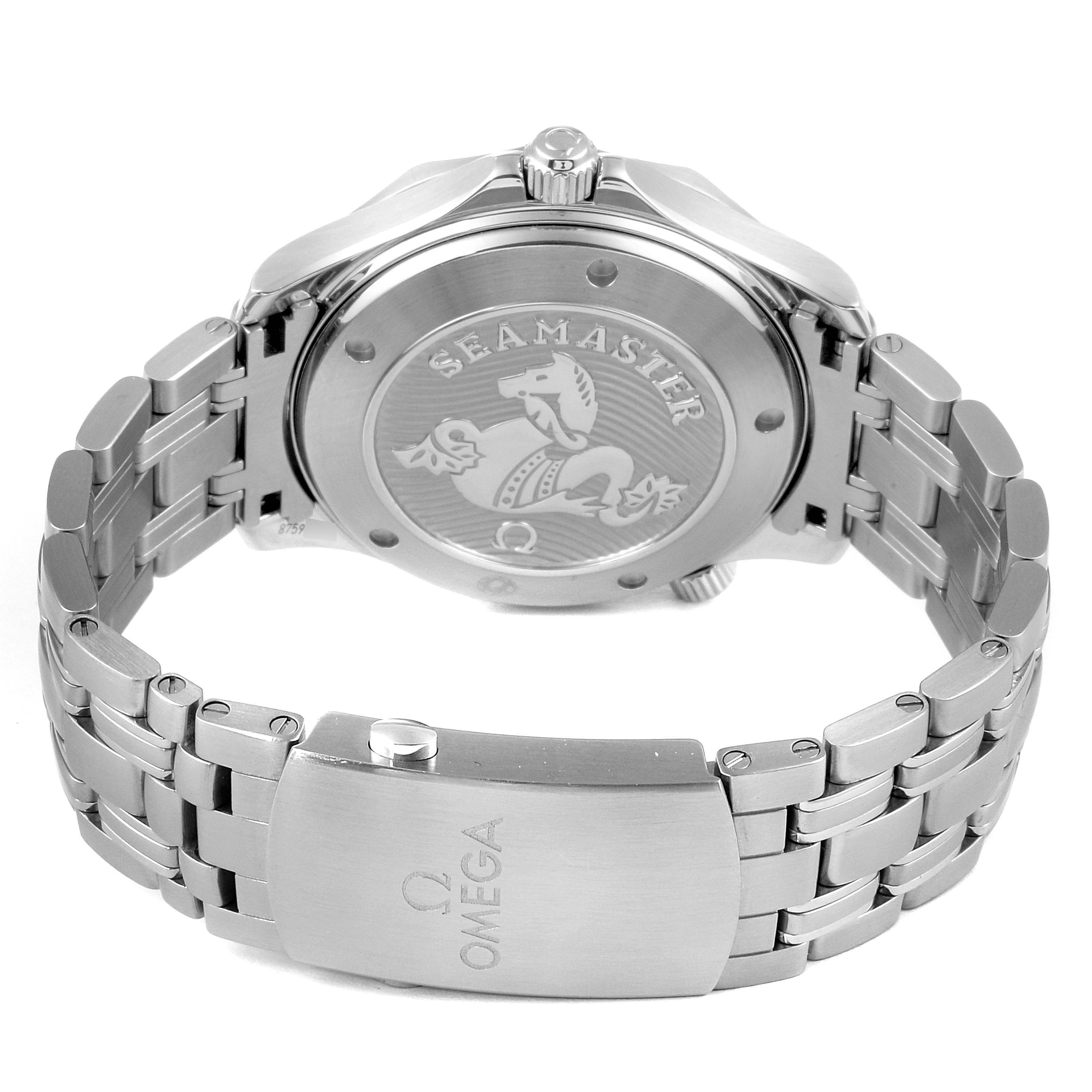 This image shows the back and bracelet of the Omega Seamaster 212.30.41.20.01.003 Men
s Stainless Steel Black Dial 212.30.41.20.01.003 Men
s Stainless Steel Black Dial watch, featuring its distinct caseback engraving and clasp.