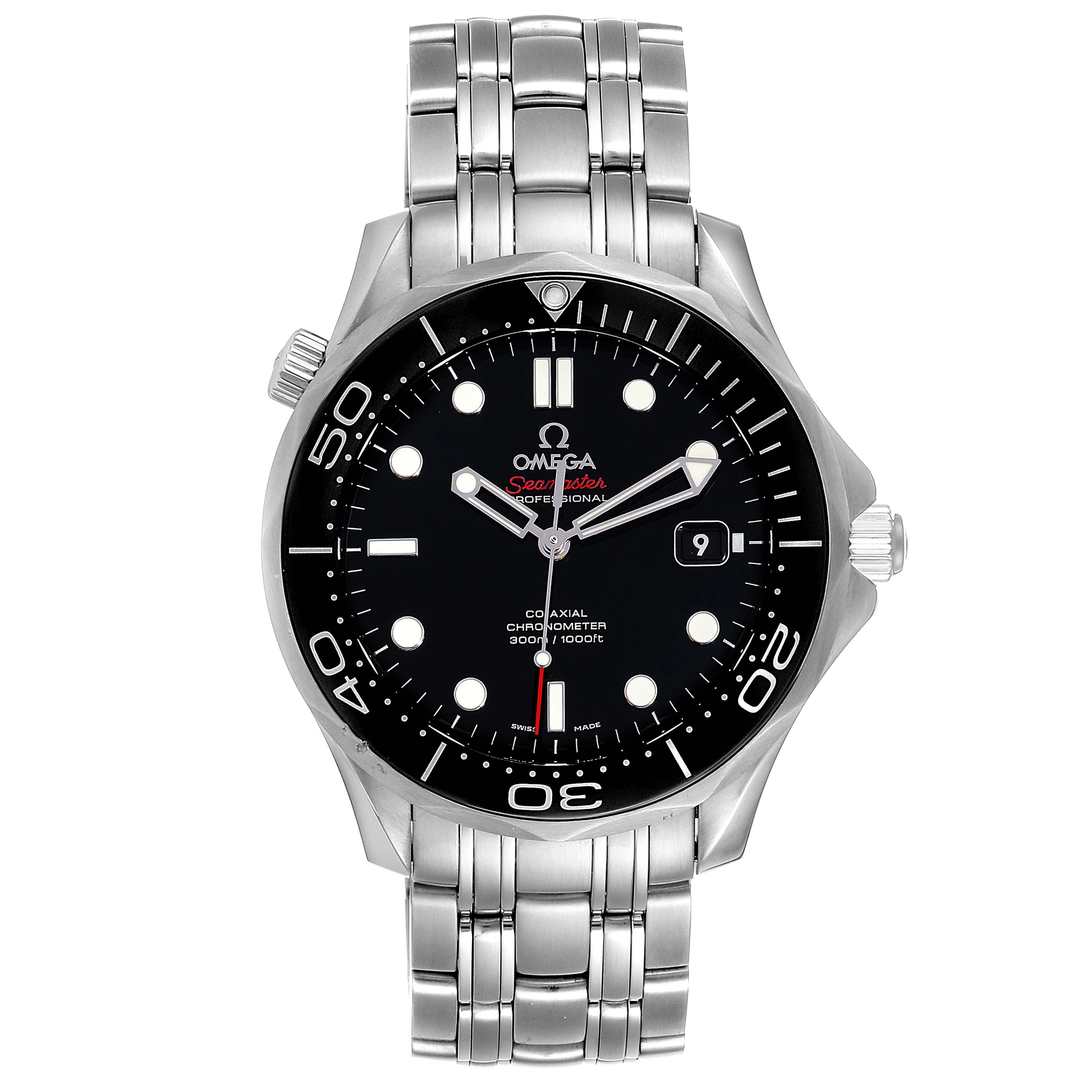 This image shows a front view of an Omega Seamaster 212.30.41.20.01.003 Men
s Stainless Steel Black Dial 212.30.41.20.01.003 Men
s Stainless Steel Black Dial watch, displaying its dial, bezel, and metal bracelet.