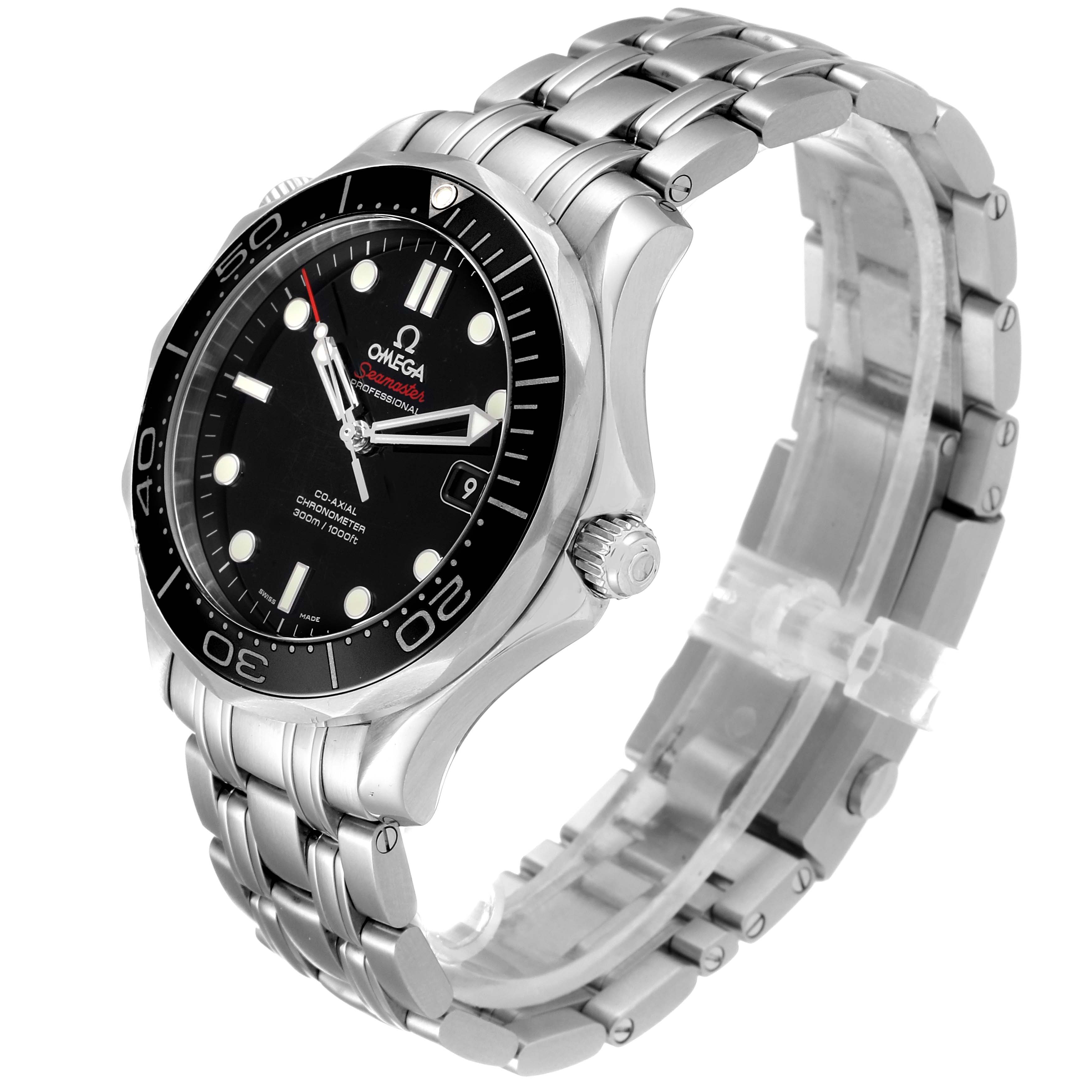 The image shows an angled view of an Omega Seamaster 212.30.41.20.01.003 Men
s Stainless Steel Black Dial 212.30.41.20.01.003 Men
s Stainless Steel Black Dial watch emphasizing its face, bezel, and stainless steel bracelet.