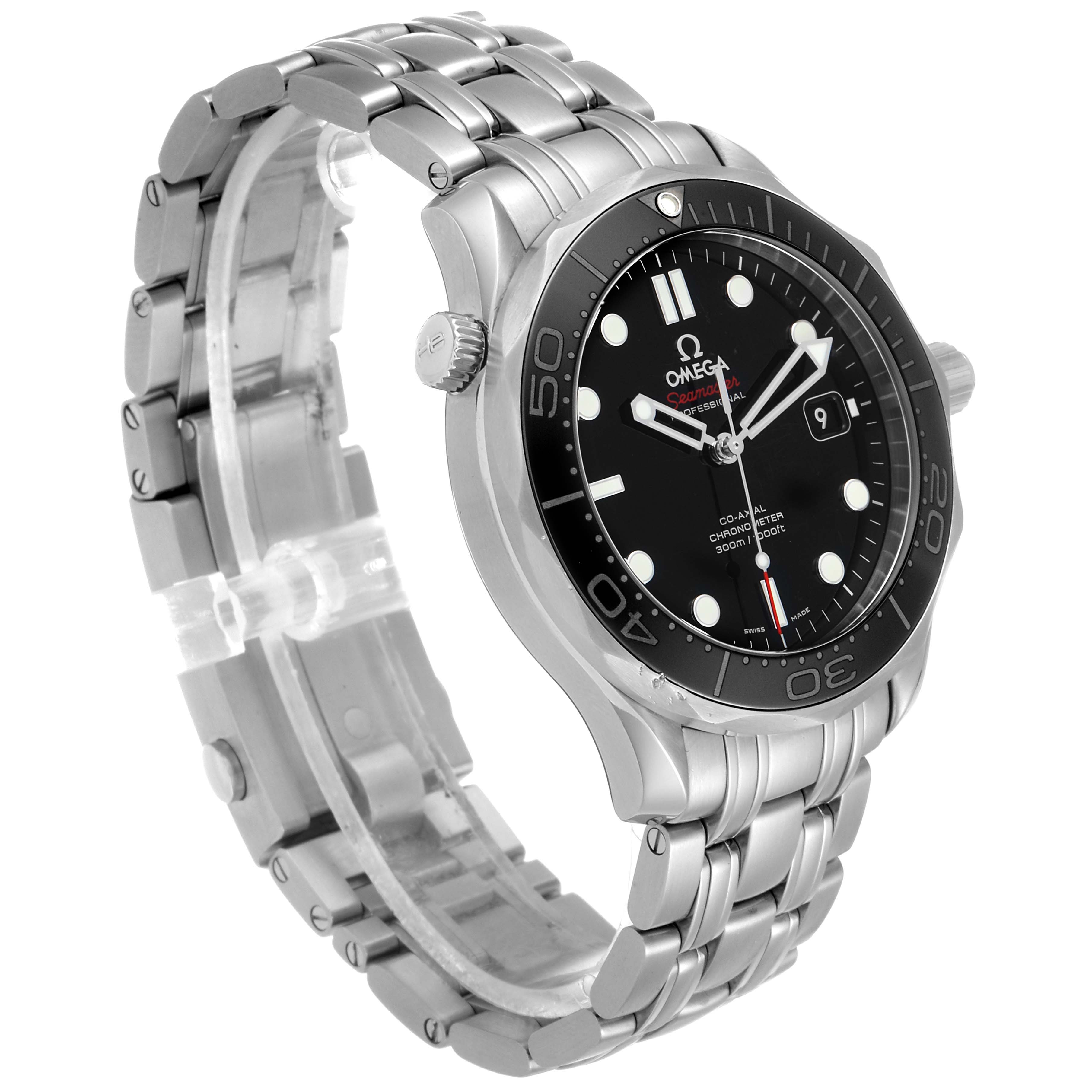 The Omega Seamaster 212.30.41.20.01.003 Men
s Stainless Steel Black Dial 212.30.41.20.01.003 Men
s Stainless Steel Black Dial watch is shown from a side angle, highlighting the stainless steel bracelet, bezel, dial, and crown.
