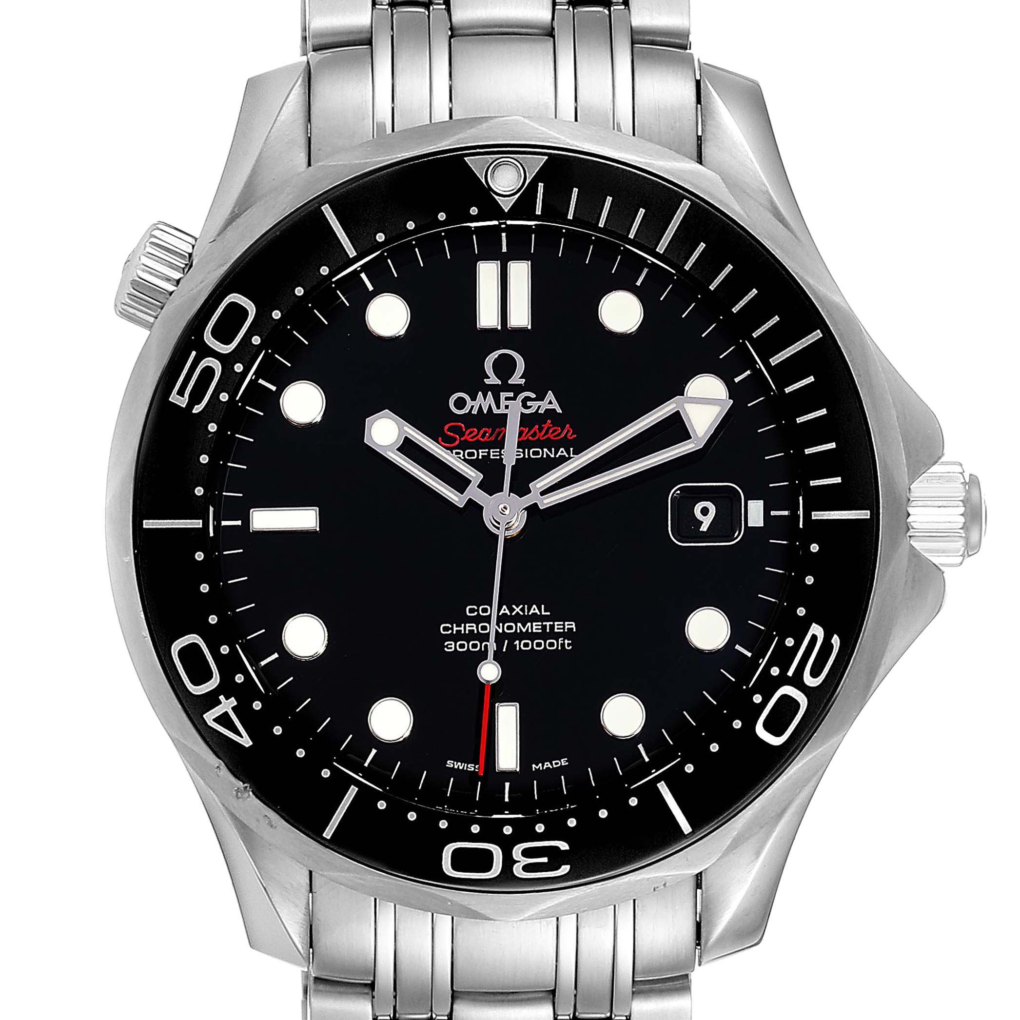 This image shows a front view of an Omega Seamaster 212.30.41.20.01.003 Men
s Stainless Steel Black Dial 212.30.41.20.01.003 Men
s Stainless Steel Black Dial watch, featuring its black dial, date window, and stainless steel bracelet.