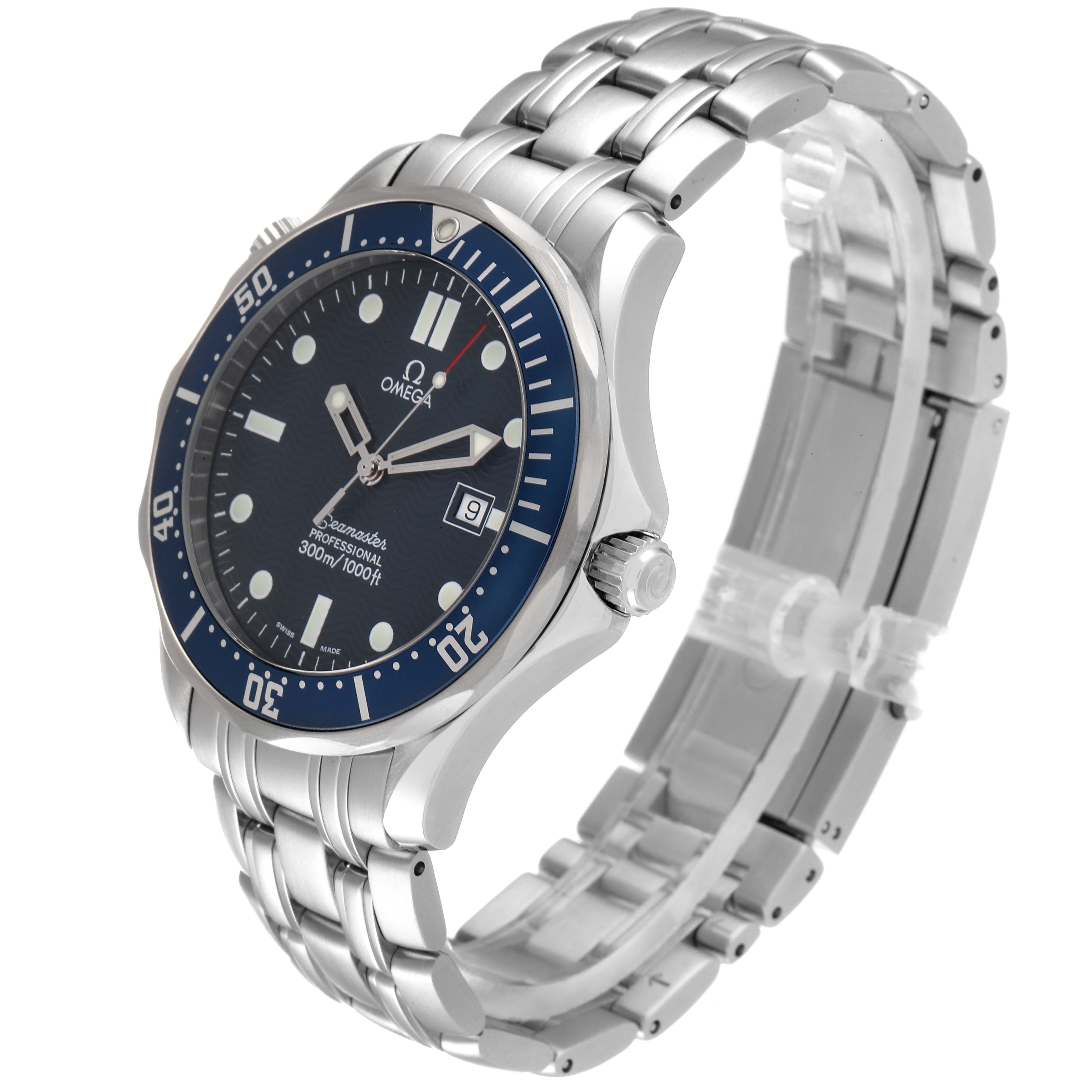 The Omega Seamaster 2541.80.00 Men's Stainless Steel Blue Dial 2541.80.00 Men's Stainless Steel Blue Dial watch is shown at an angle displaying the face, bezel, dial, bracelet, and crown.