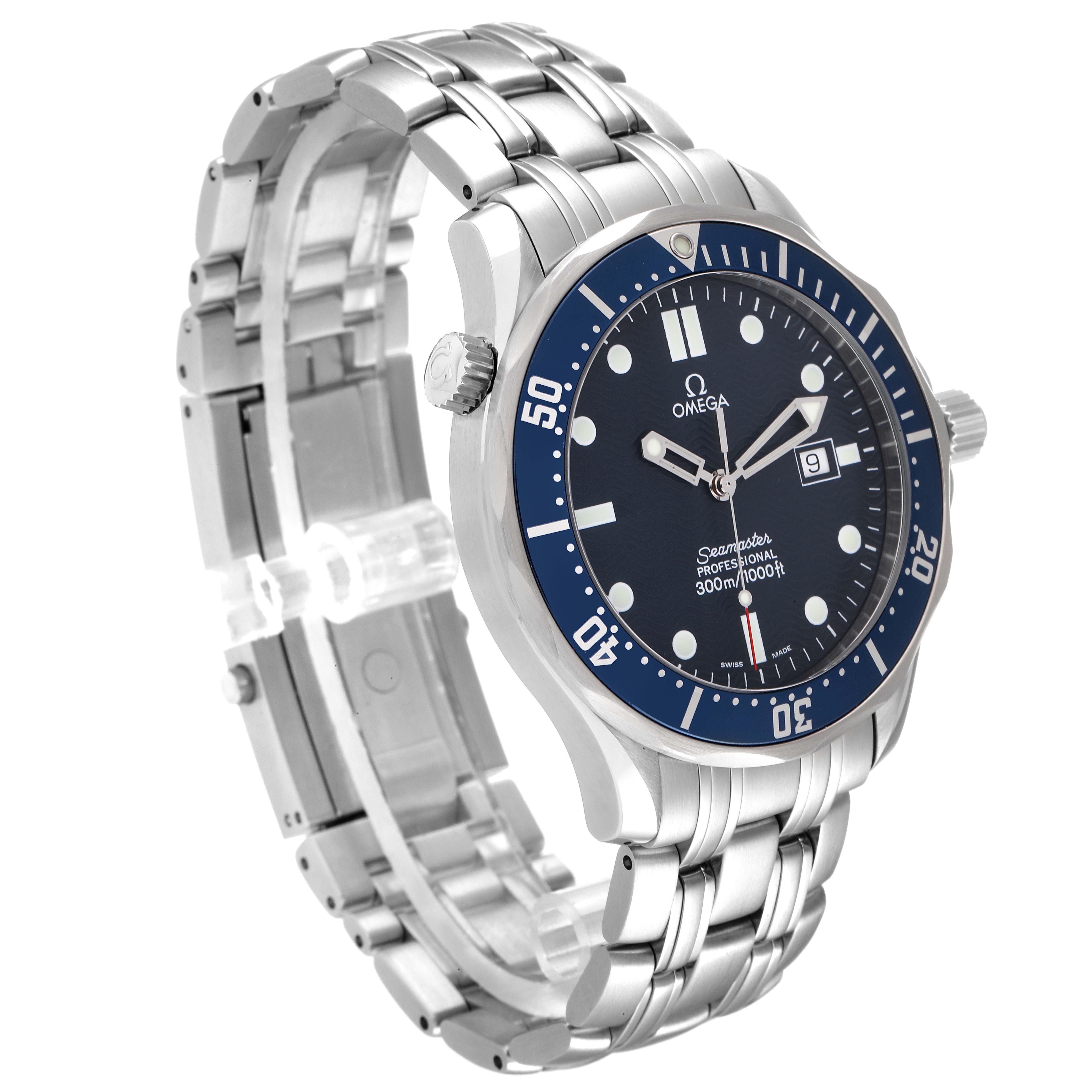 The image shows an Omega Seamaster 2541.80.00 Men's Stainless Steel Blue Dial 2541.80.00 Men's Stainless Steel Blue Dial watch at a three-quarter angle, highlighting the face, bezel, case, bracelet, and crown.