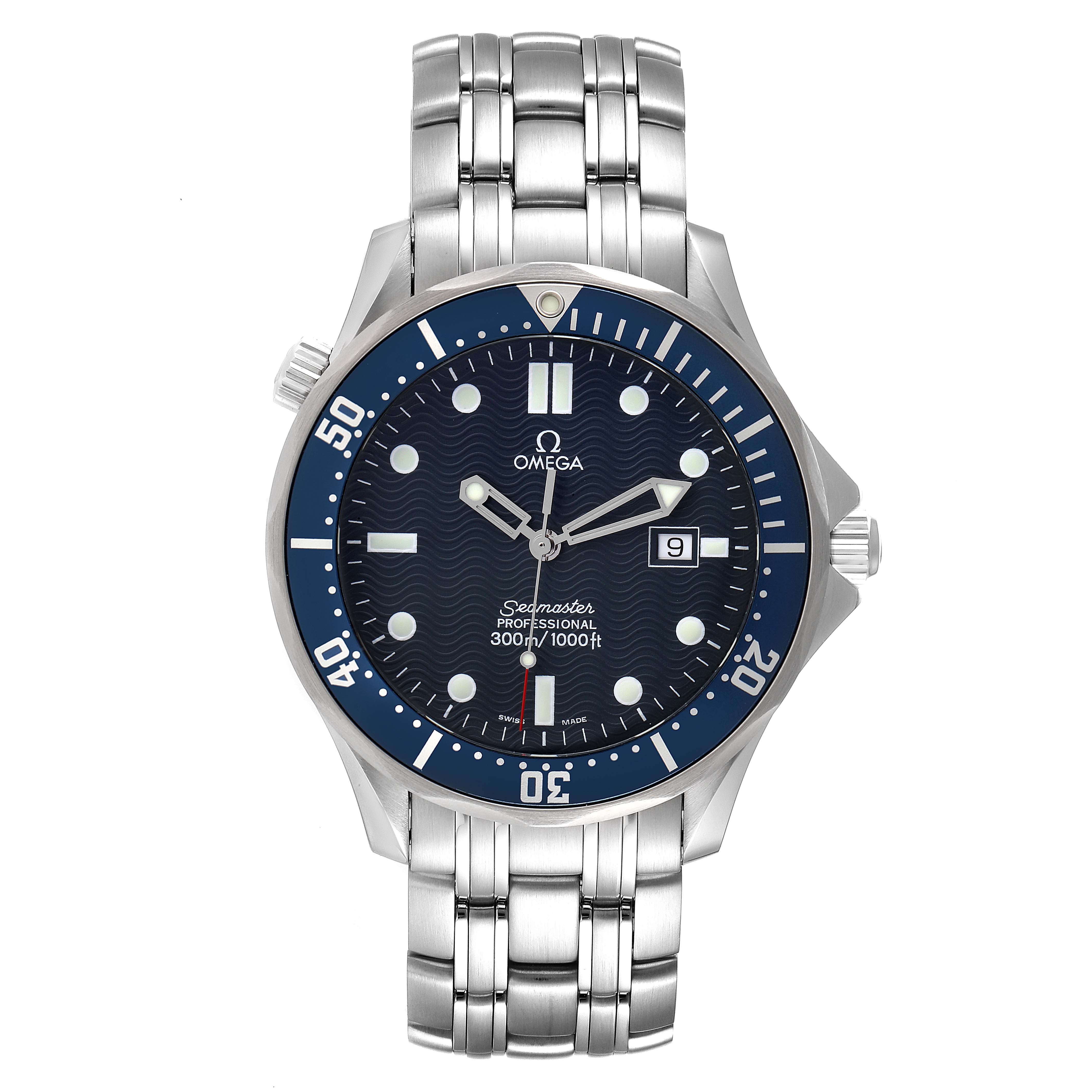 The Omega Seamaster 2541.80.00 Men's Stainless Steel Blue Dial 2541.80.00 Men's Stainless Steel Blue Dial watch is shown from the front, displaying its face, bezel, and bracelet.