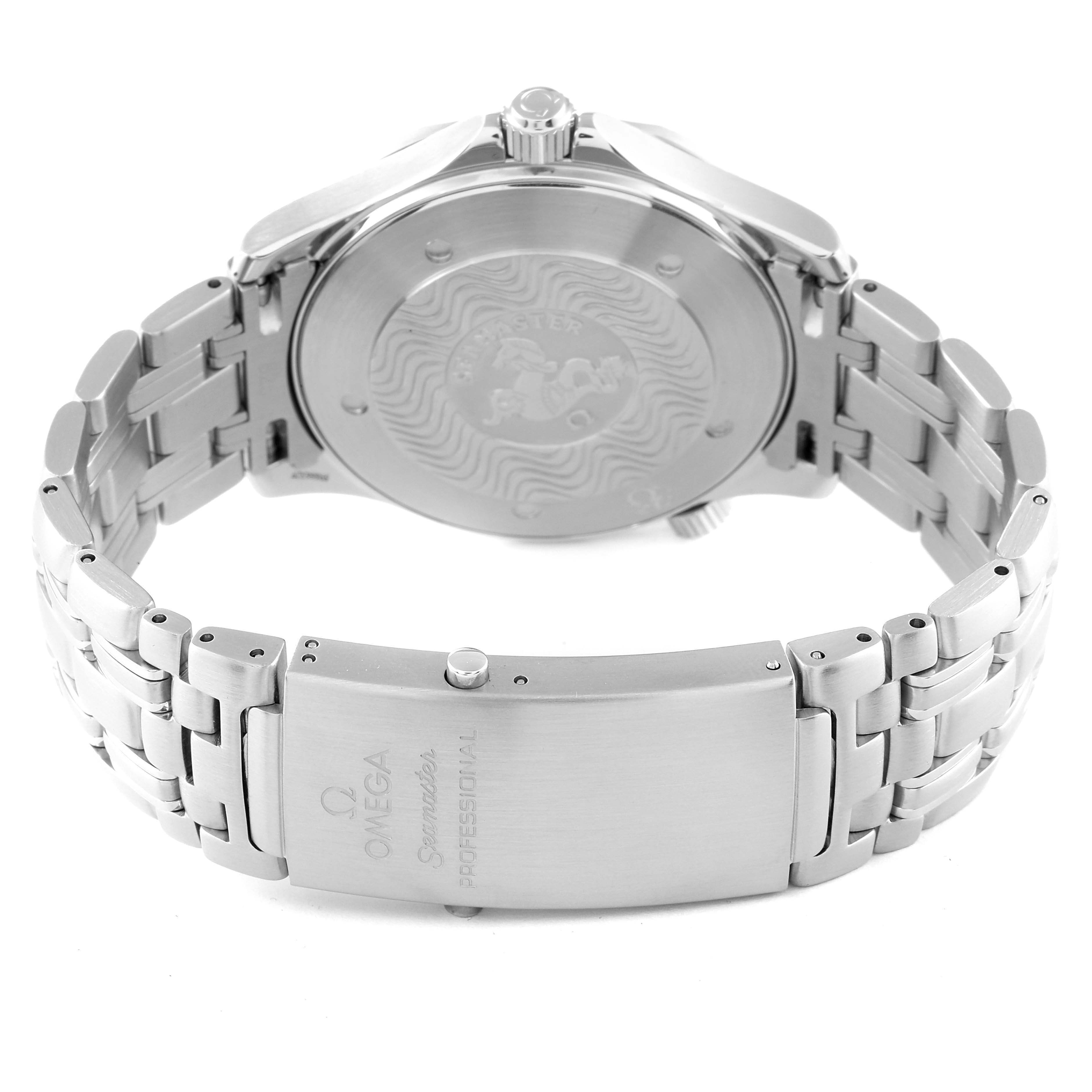 The image shows the back case and clasp of an Omega Seamaster 2541.80.00 Men's Stainless Steel Blue Dial 2541.80.00 Men's Stainless Steel Blue Dial watch from a rear angle.