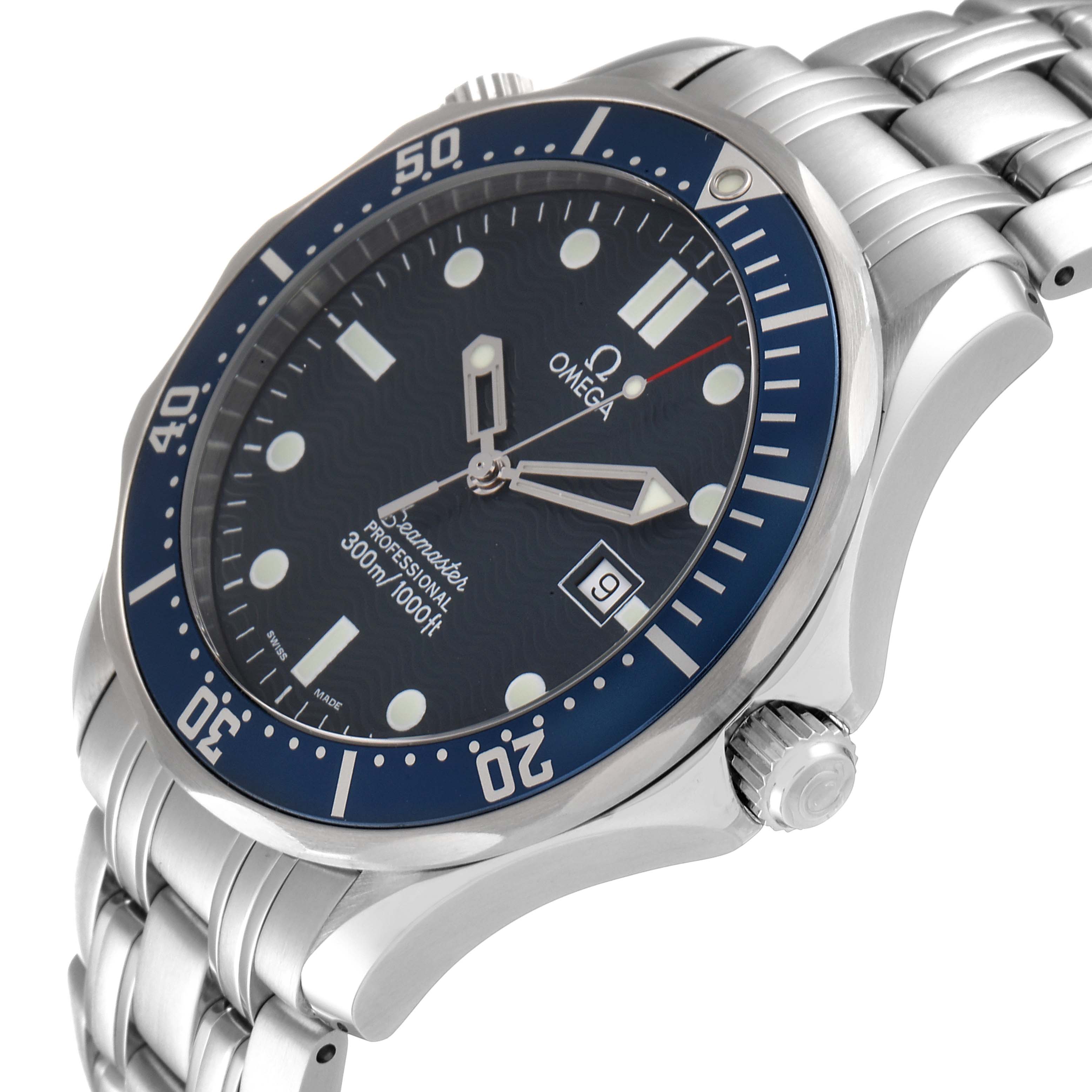 The image shows an angled view of an Omega Seamaster 2541.80.00 Men's Stainless Steel Blue Dial 2541.80.00 Men's Stainless Steel Blue Dial watch, highlighting its blue dial, bezel, and metal bracelet.